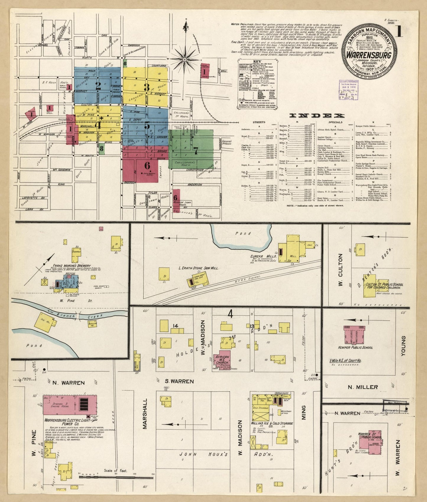 Sanborn Fire Insurance Map from Warrensburg, Johnson County, Missouri (1907), Sheet #0001 - Historic Sanborn Fire Insurance Map Print, vintage old map wall art, antique decor, genealogy gift, Missouri Missouri map