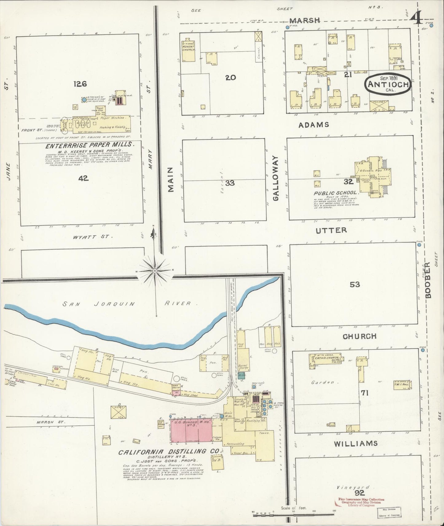 Sanborn Fire Insurance Map from Antioch, Contra Costa County, California (1891), Sheet #0004 - Historic Sanborn Fire Insurance Map Print, vintage old map wall art, antique decor, genealogy gift, California California map