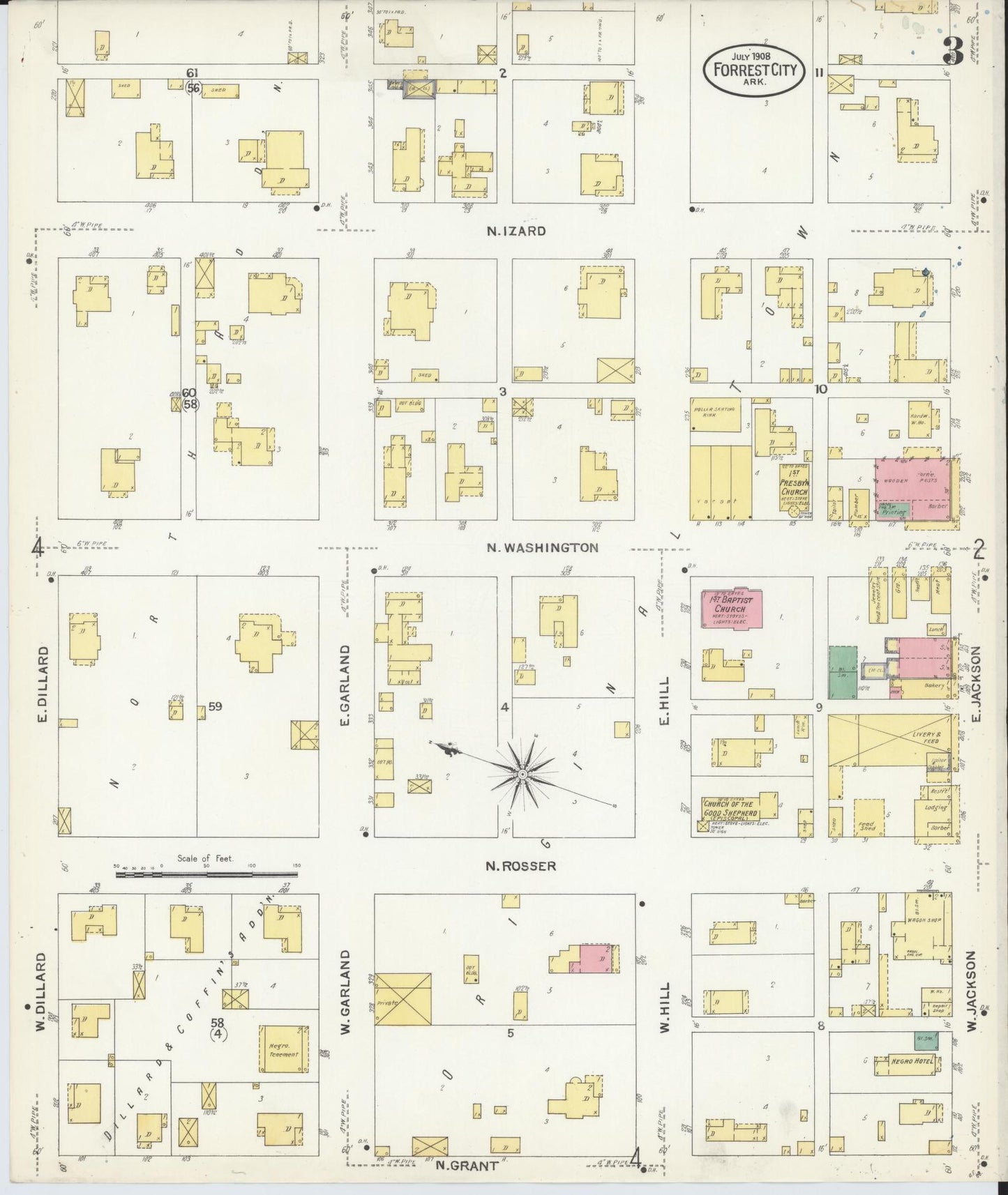 Sanborn Fire Insurance Map from Forrest City, Saint Francis County, Arkansas (1908), Sheet #0003 - Historic Sanborn Fire Insurance Map Print, vintage old map wall art, antique decor, genealogy gift, Arkansas Arkansas map