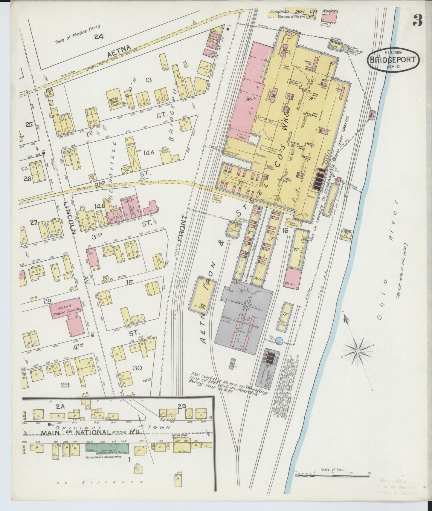 Sanborn Fire Insurance Map from Bridgeport, Belmont County, Ohio (1893), Sheet #0003 - Complete Map Set gallery image, historic Sanborn map, vintage wall art, Ohio Ohio
