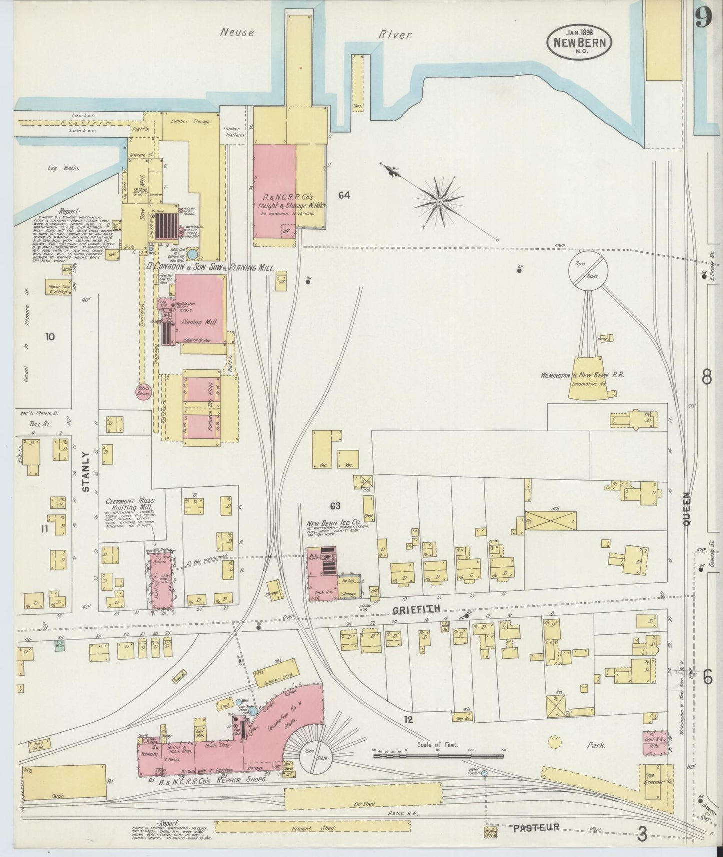 Sanborn Fire Insurance Map from New Bern, Craven County, North Carolina (1898), Sheet #0009 - Historic Sanborn Fire Insurance Map Print, vintage old map wall art, antique decor, genealogy gift, North Carolina North Carolina map