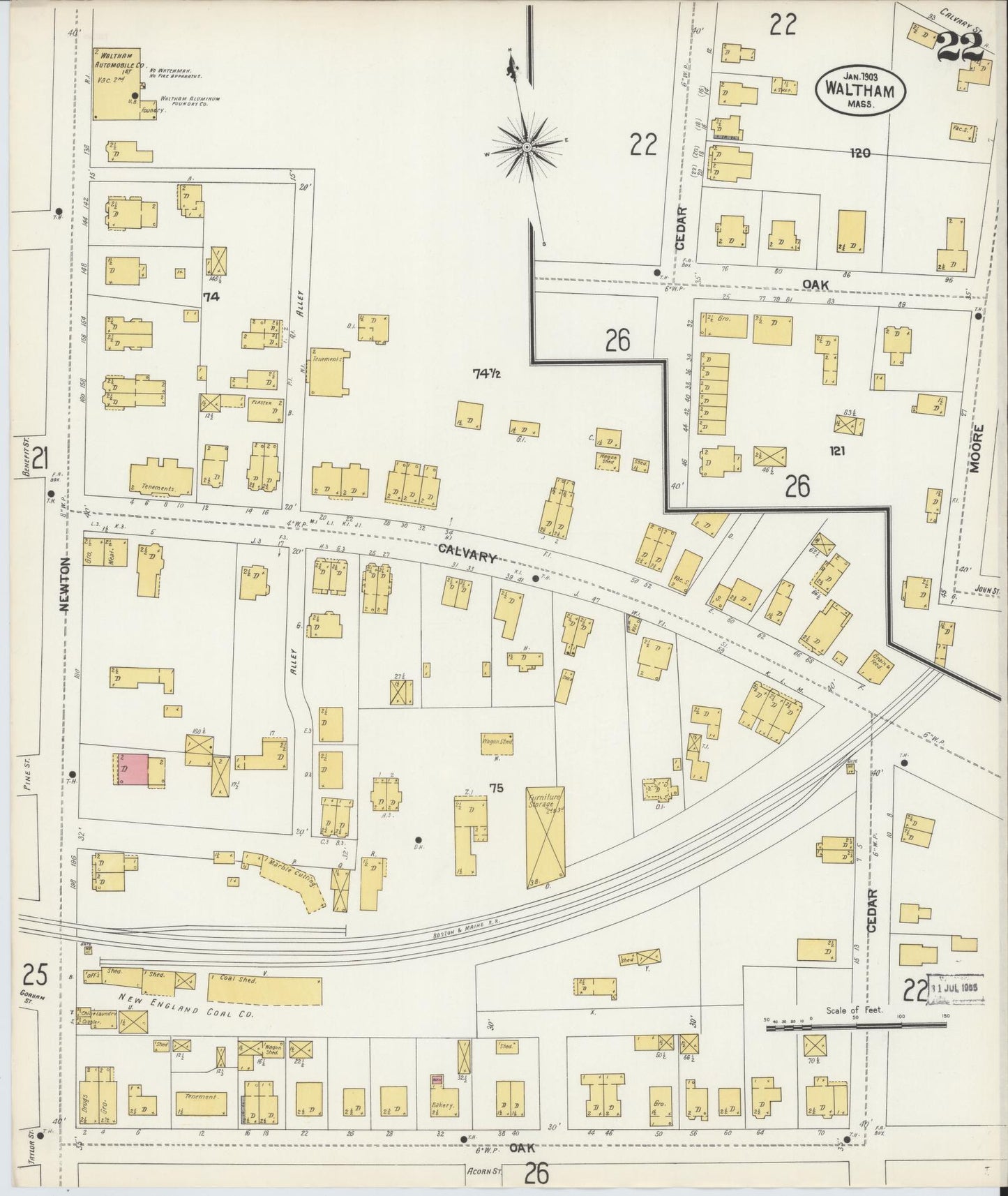 Sanborn Fire Insurance Map from Waltham, Middlesex County, Massachusetts (1903), Sheet #0022 - Historic Sanborn Fire Insurance Map Print, vintage old map wall art, antique decor, genealogy gift, Massachusetts Massachusetts map