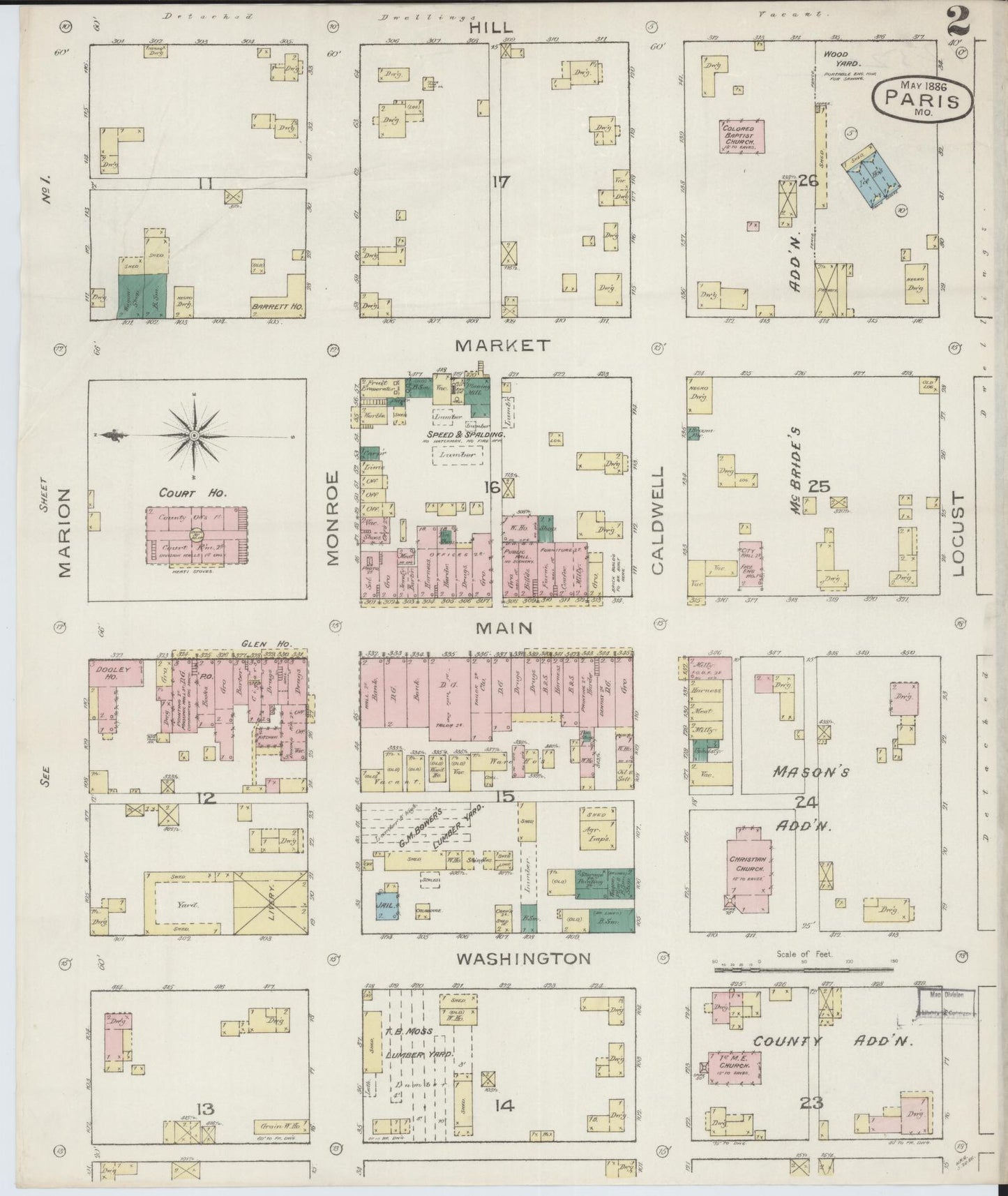 Sanborn Fire Insurance Map from Paris, Monroe County, Missouri (1886), Sheet #0002 - Complete Map Set gallery image, historic Sanborn map, vintage wall art, Missouri Missouri