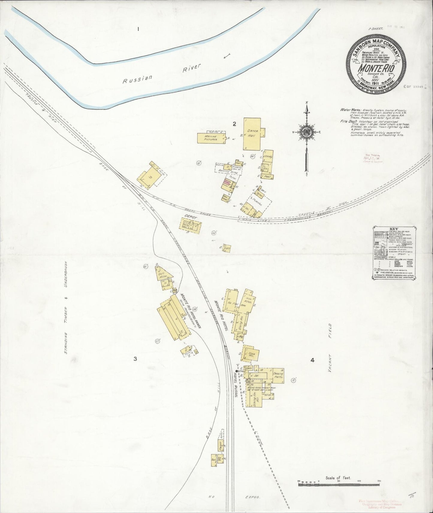 Sanborn Fire Insurance Map from Monte Rio, Sonoma County, California (1911), Sheet #0001 - Historic Sanborn Fire Insurance Map Print, vintage old map wall art, antique decor, genealogy gift, California California map