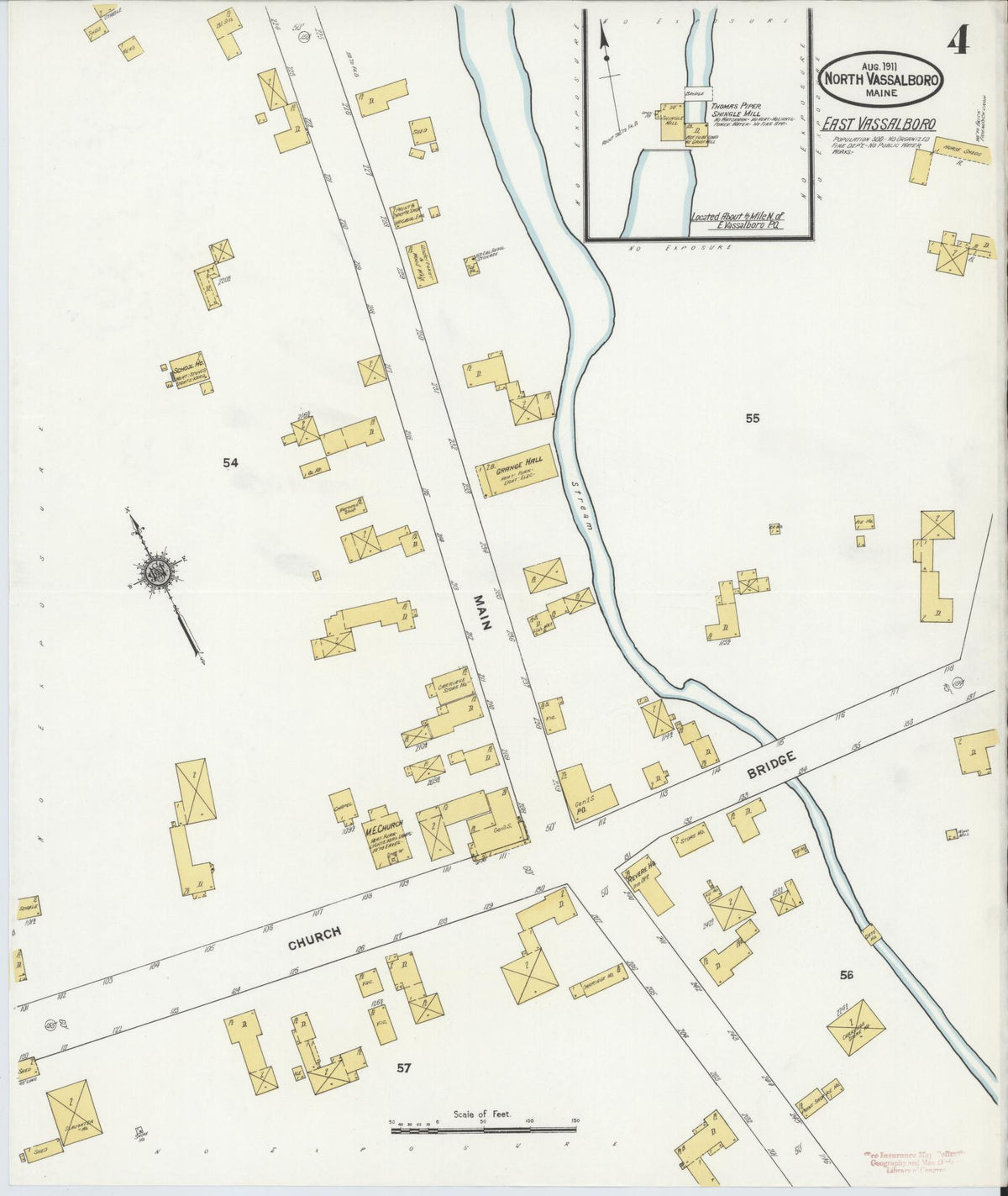 Sanborn Fire Insurance Map from North Vassalboro, Kennebec County, Maine (1911), Sheet #0004 - Historic Sanborn Fire Insurance Map Print, vintage old map wall art, antique decor, genealogy gift, Maine Maine map