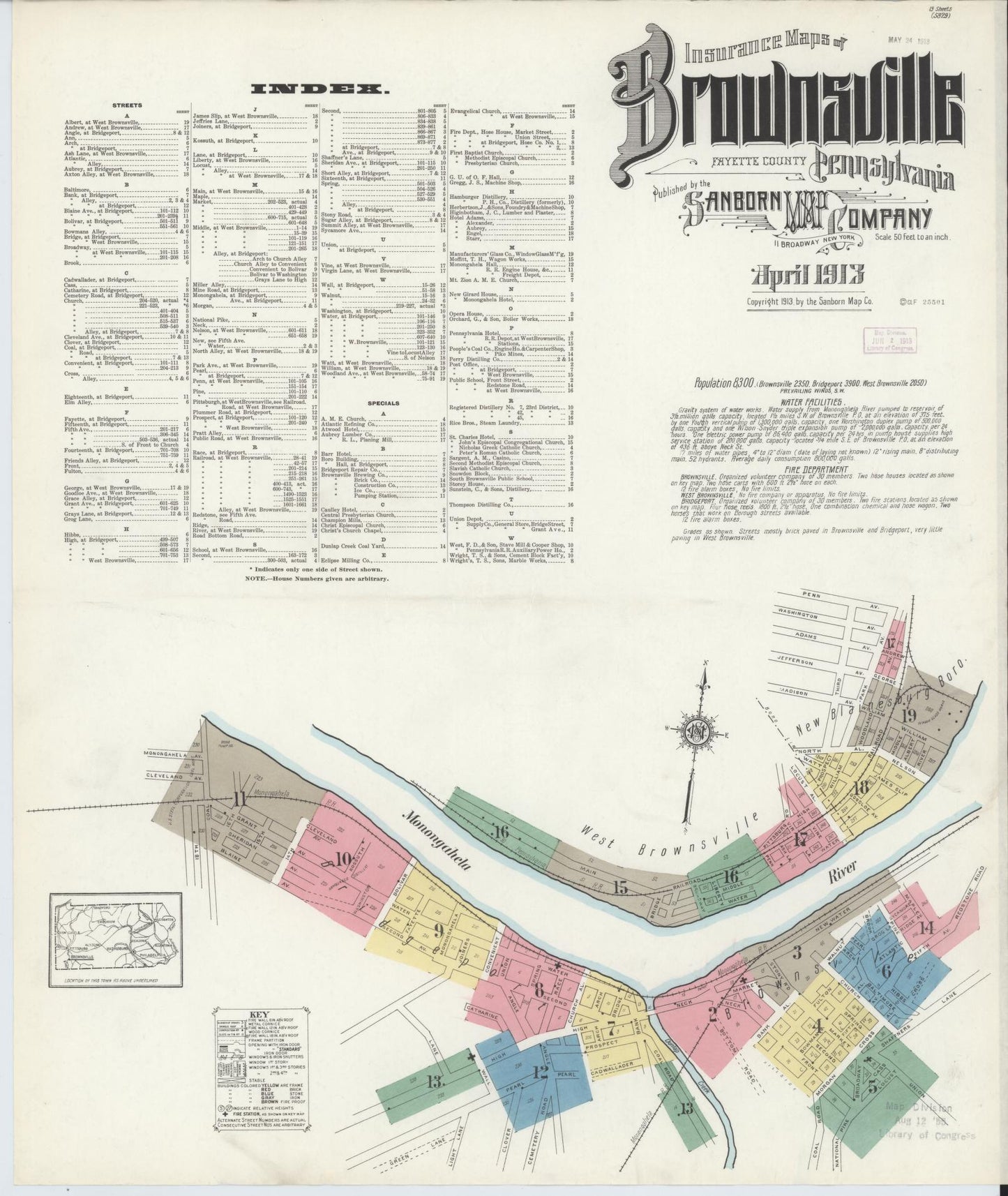 Sanborn Fire Insurance Map from Brownsville, Fayette County, Pennsylvania (1913), Sheet #0001 - Historic Sanborn Fire Insurance Map Print, vintage old map wall art, antique decor, genealogy gift, Pennsylvania Pennsylvania map