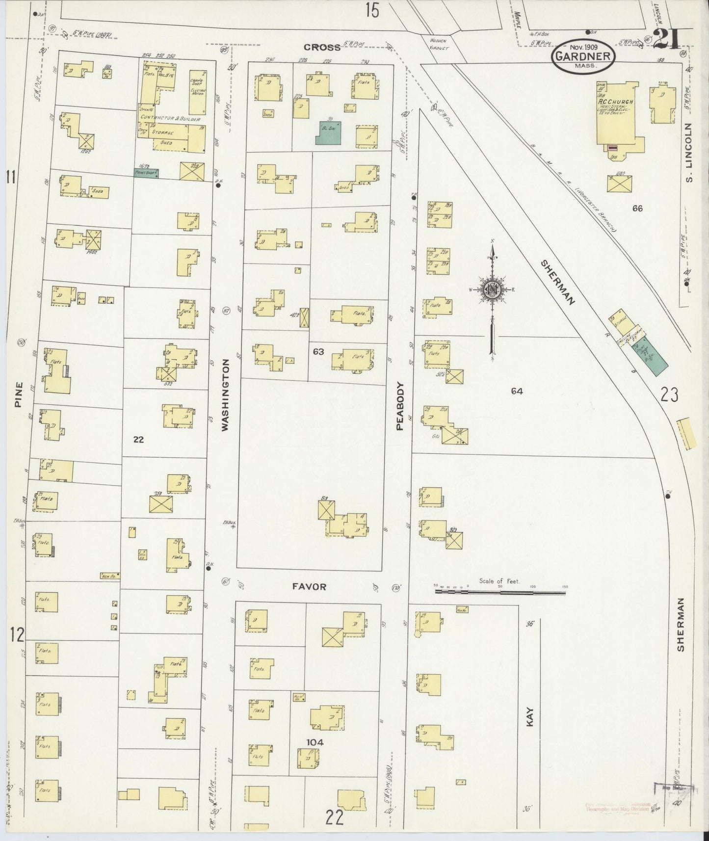 Sanborn Fire Insurance Map from Gardner, Worcester County, Massachusetts (1909), Sheet #0021 - Historic Sanborn Fire Insurance Map Print, vintage old map wall art, antique decor, genealogy gift, Massachusetts Massachusetts map