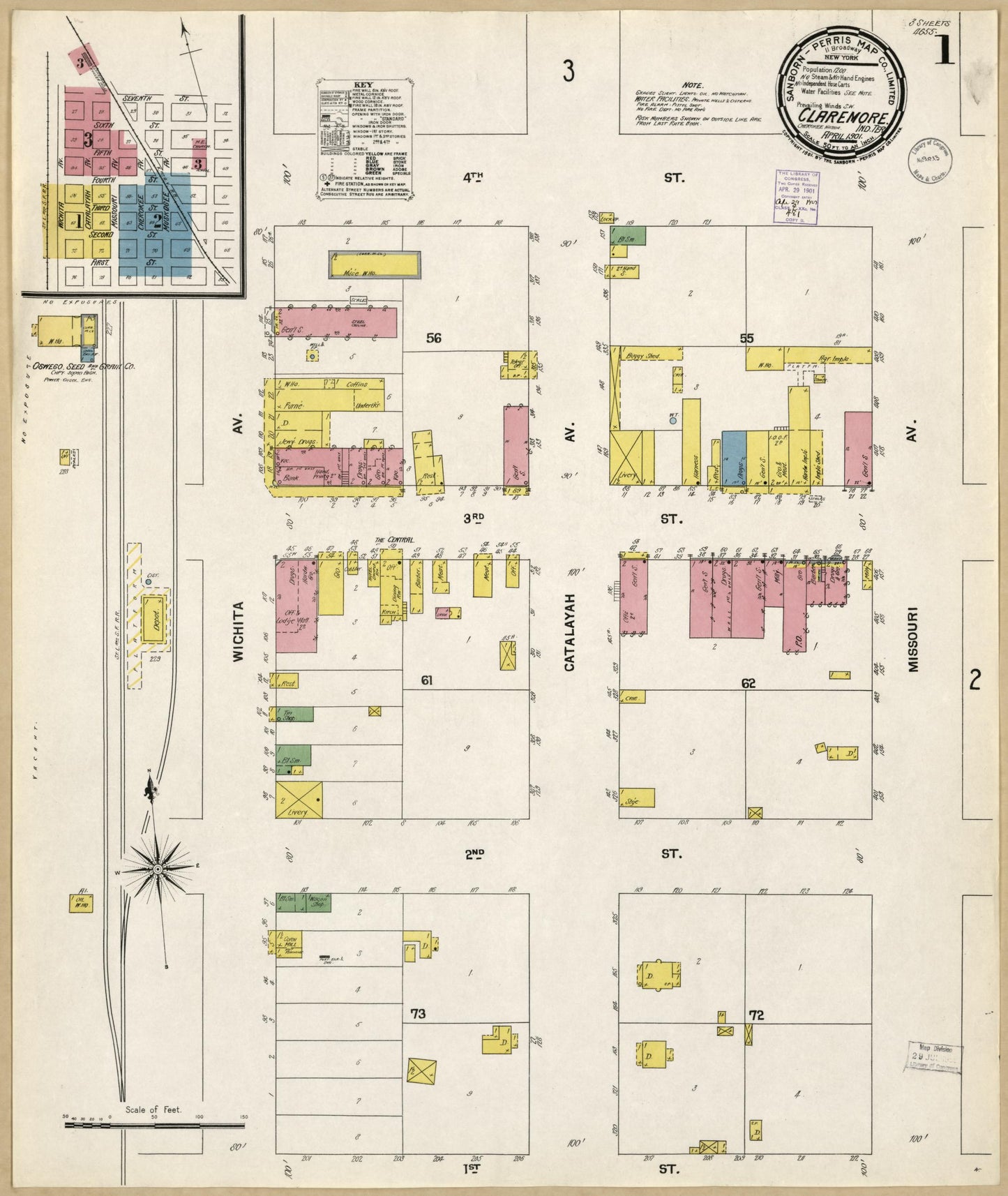 Sanborn Fire Insurance Map from Claremore, Rogers County, Oklahoma (1901), Sheet #0001 - Historic Sanborn Fire Insurance Map Print, vintage old map wall art, antique decor, genealogy gift, Oklahoma Oklahoma map