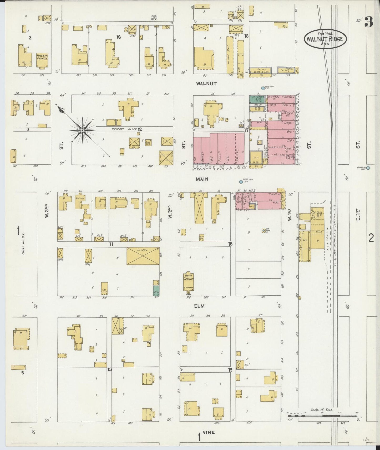 Sanborn Fire Insurance Map from Walnut Ridge, Lawrence County, Arkansas (1904), Sheet #0003 - Historic Sanborn Fire Insurance Map Print, vintage old map wall art, antique decor, genealogy gift, Arkansas Arkansas map