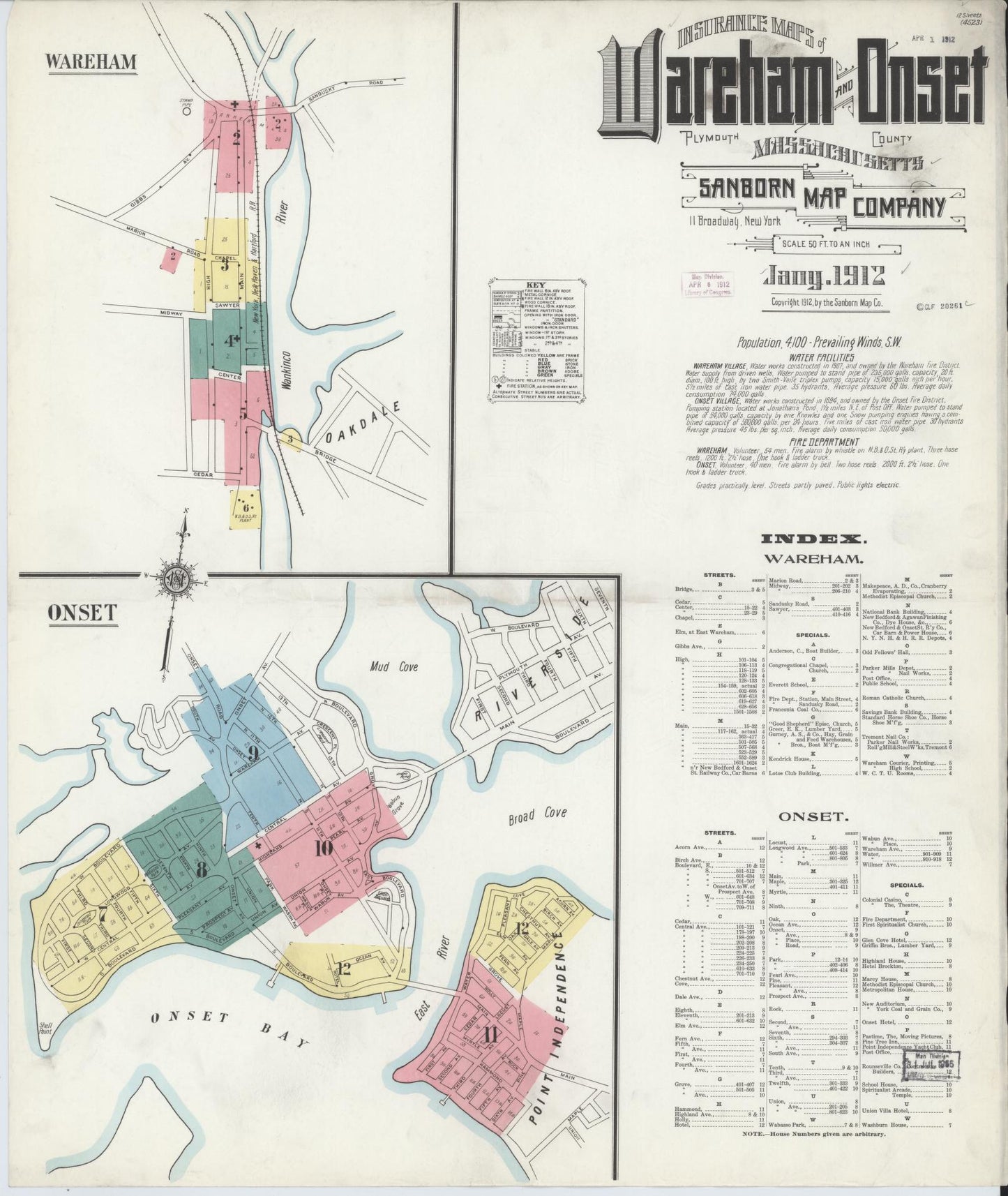 Sanborn Fire Insurance Map from Wareham, Plymouth County, Massachusetts (1912), Sheet #0001 - Historic Sanborn Fire Insurance Map Print, vintage old map wall art, antique decor, genealogy gift, Massachusetts Massachusetts map
