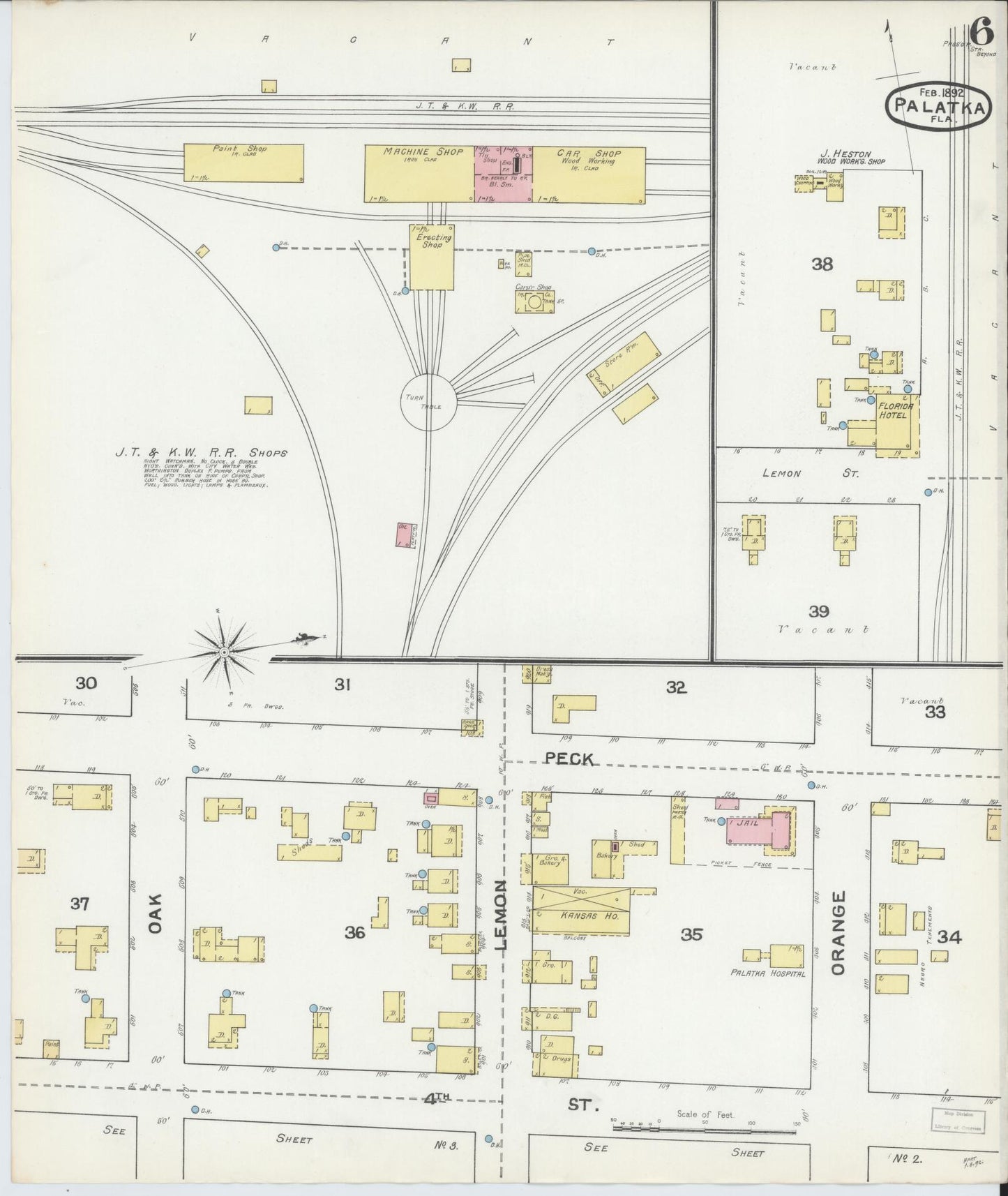 Sanborn Fire Insurance Map from Palatka, Putnam County, Florida (1892), Sheet #0006 - Historic Sanborn Fire Insurance Map Print, vintage old map wall art, antique decor, genealogy gift, Florida Florida map