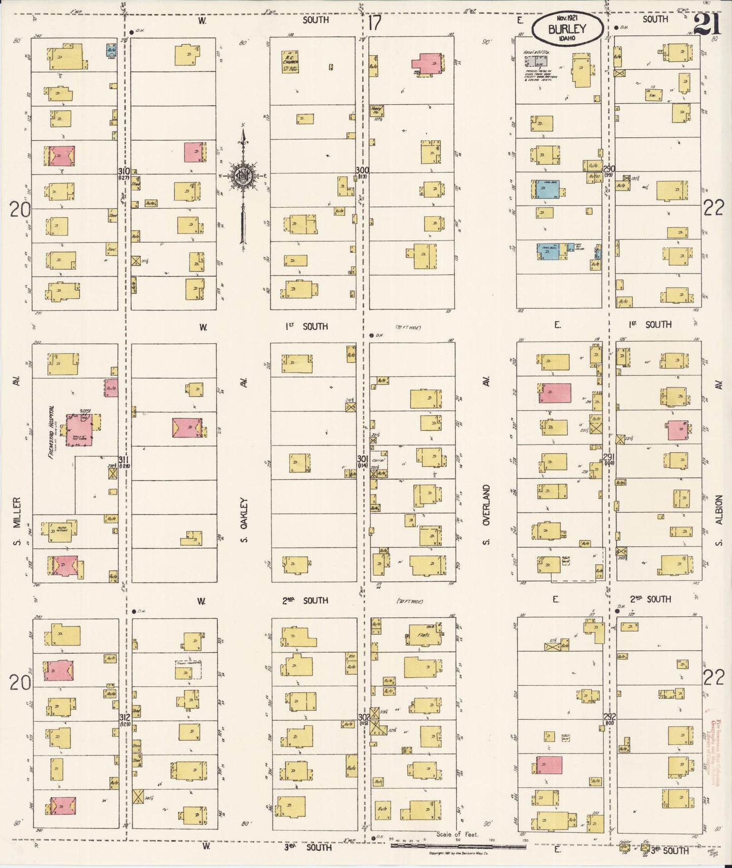 Sanborn Fire Insurance Map from Burley, Cassia County, Idaho (1921), Sheet #0021 - Historic Sanborn Fire Insurance Map Print, vintage old map wall art, antique decor, genealogy gift, Idaho Idaho map
