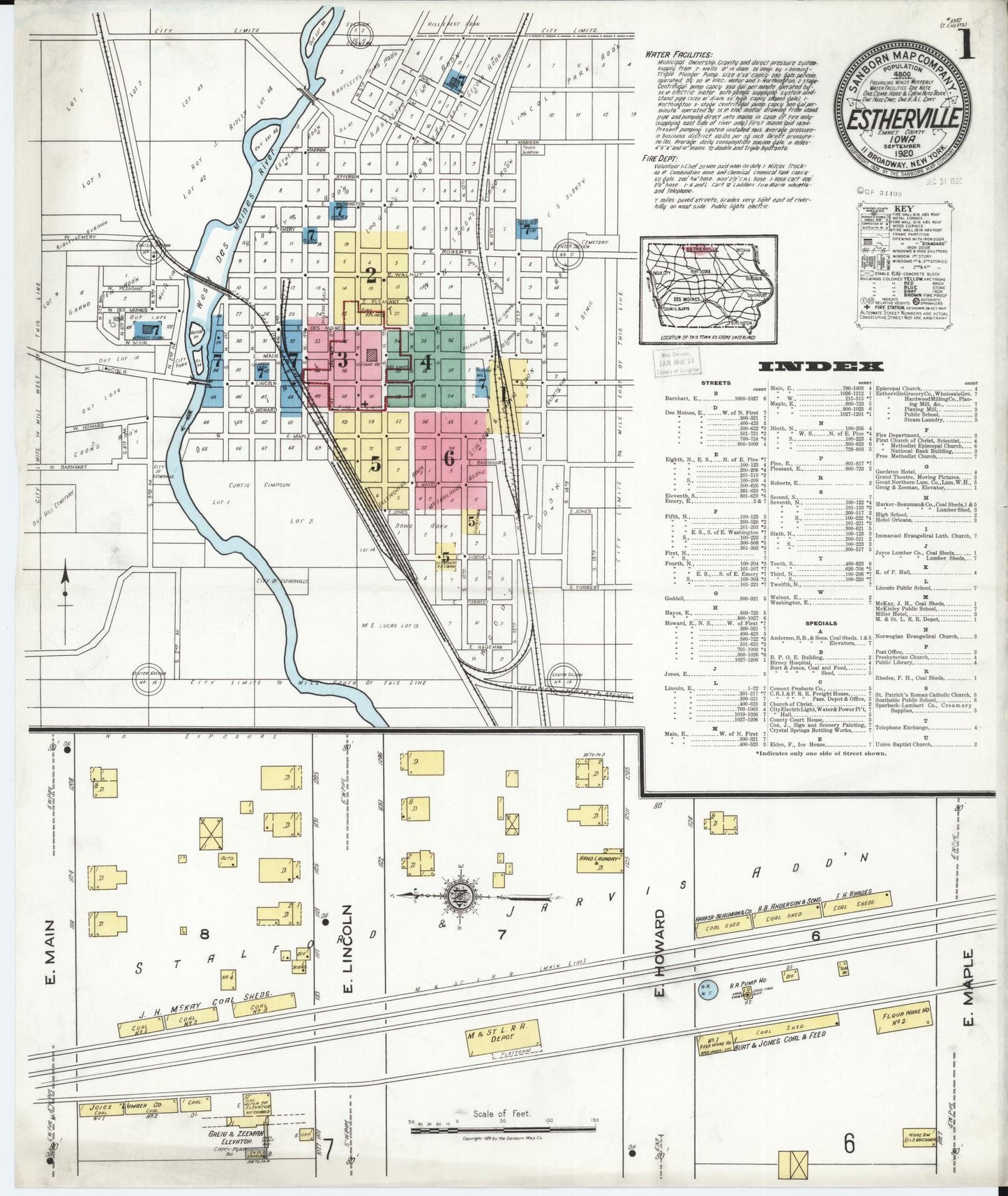 Sanborn Fire Insurance Map from Estherville, Emmet County, Iowa (1920), Sheet #0001 - Historic Sanborn Fire Insurance Map Print, vintage old map wall art