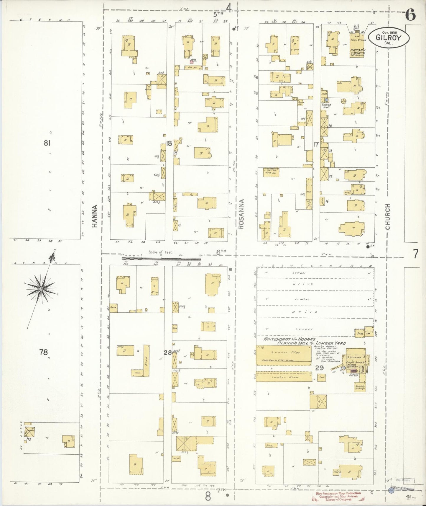 Sanborn Fire Insurance Map from Gilroy, Santa Clara County, California (1906), Sheet #0006 - Historic Sanborn Fire Insurance Map Print, vintage old map wall art, antique decor, genealogy gift, California California map