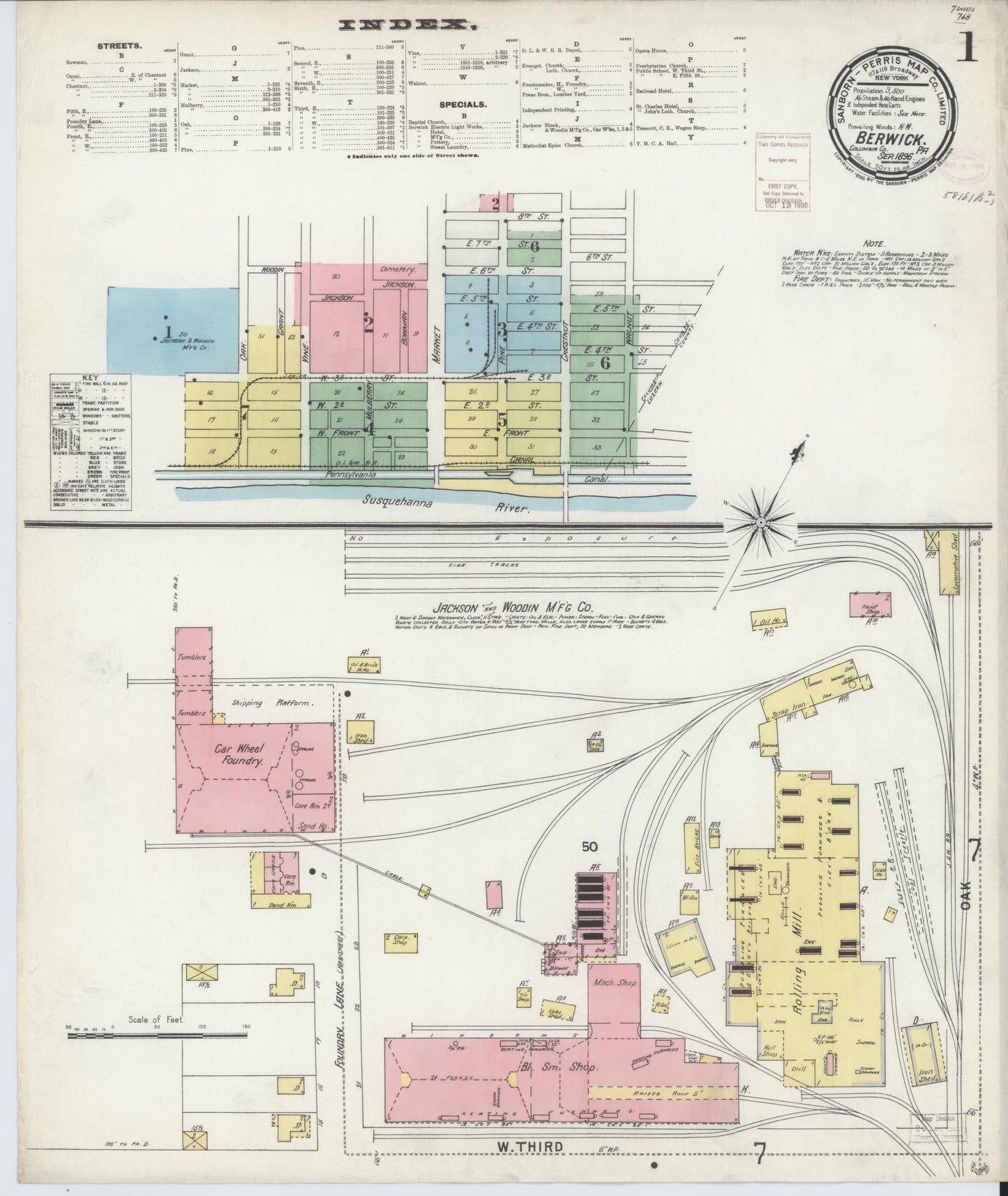 Sanborn Fire Insurance Map from Berwick, Columbia County, Pennsylvania (1896), Sheet #0001 - Historic Sanborn Fire Insurance Map Print, vintage old map wall art, antique decor, genealogy gift, Pennsylvania Pennsylvania map