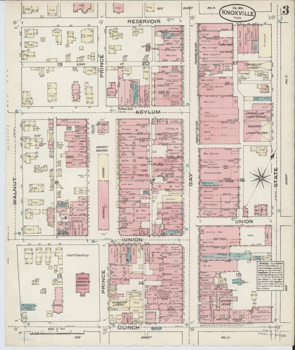 Sanborn Fire Insurance Map from Knoxville, Knox County, Tennessee (1884), Sheet #0003 - Historic Sanborn Fire Insurance Map Print, vintage old map wall art, antique decor, genealogy gift, Tennessee Tennessee map