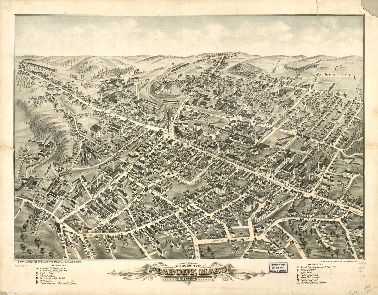 View of Peabody, Mass. 1877. (1877) – Historic Bird’s-Eye View Panorama Print