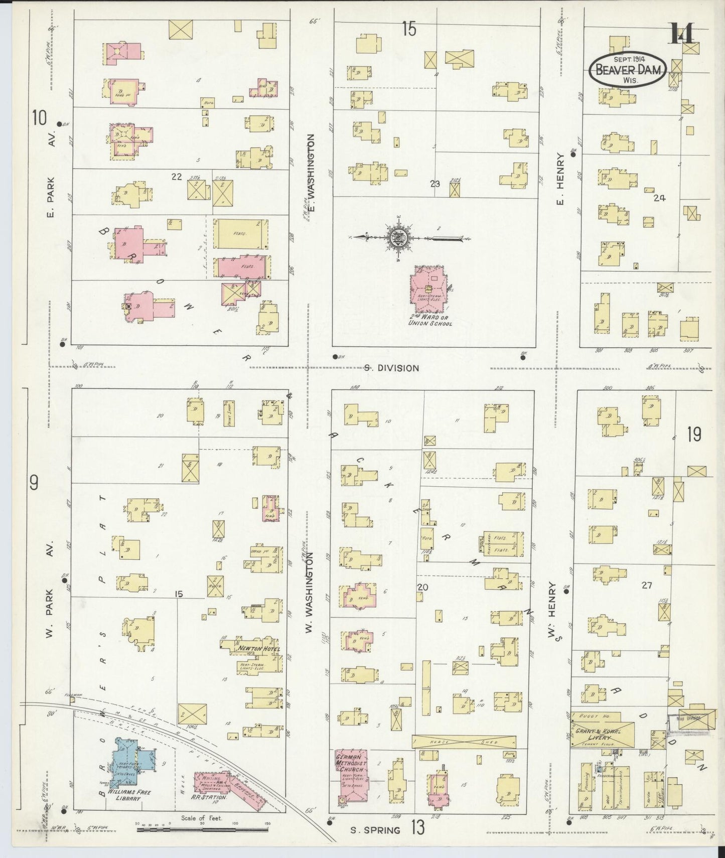 Sanborn Fire Insurance Map from Beaver Dam, Dodge County, Wisconsin (1914), Sheet #0014 - Historic Sanborn Fire Insurance Map Print, vintage old map wall art, antique decor, genealogy gift, Wisconsin Wisconsin map