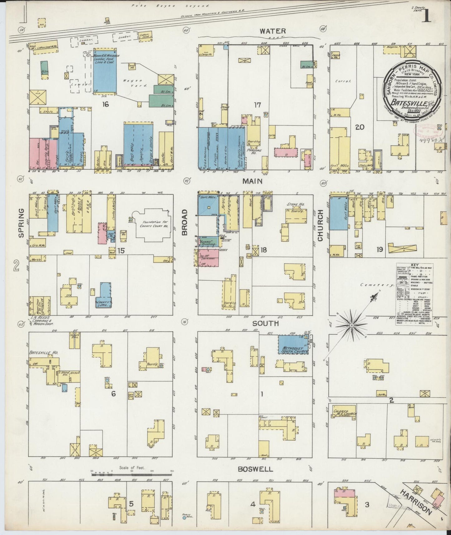 Sanborn Fire Insurance Map from Batesville, Independence County, Arkansas (1892), Sheet #0001 - Historic Sanborn Fire Insurance Map Print, vintage old map wall art, antique decor, genealogy gift, Arkansas Arkansas map