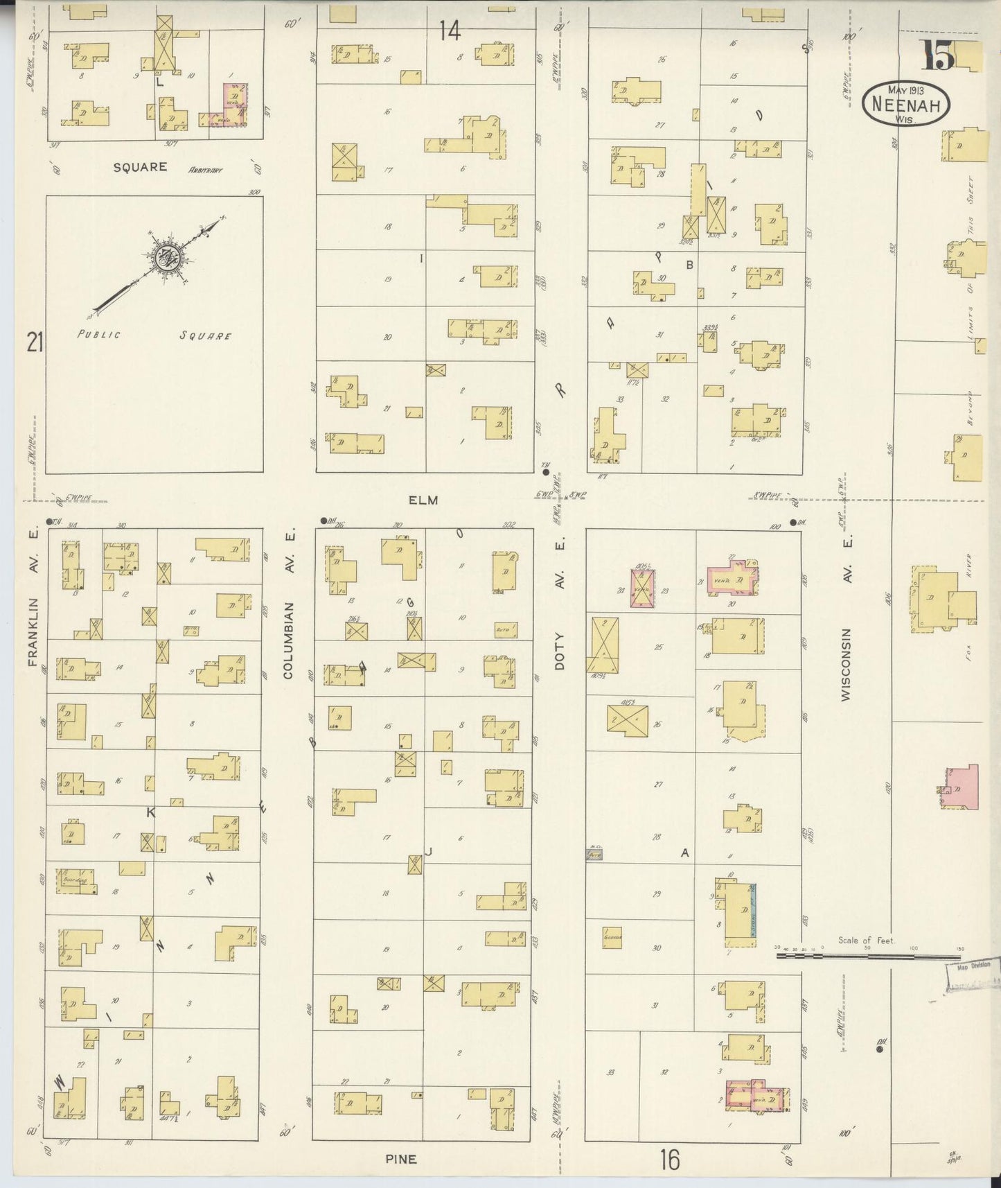 Sanborn Fire Insurance Map from Neenah, Winnebago County, Wisconsin (1913), Sheet #0015 - Historic Sanborn Fire Insurance Map Print, vintage old map wall art, antique decor, genealogy gift, Wisconsin Wisconsin map