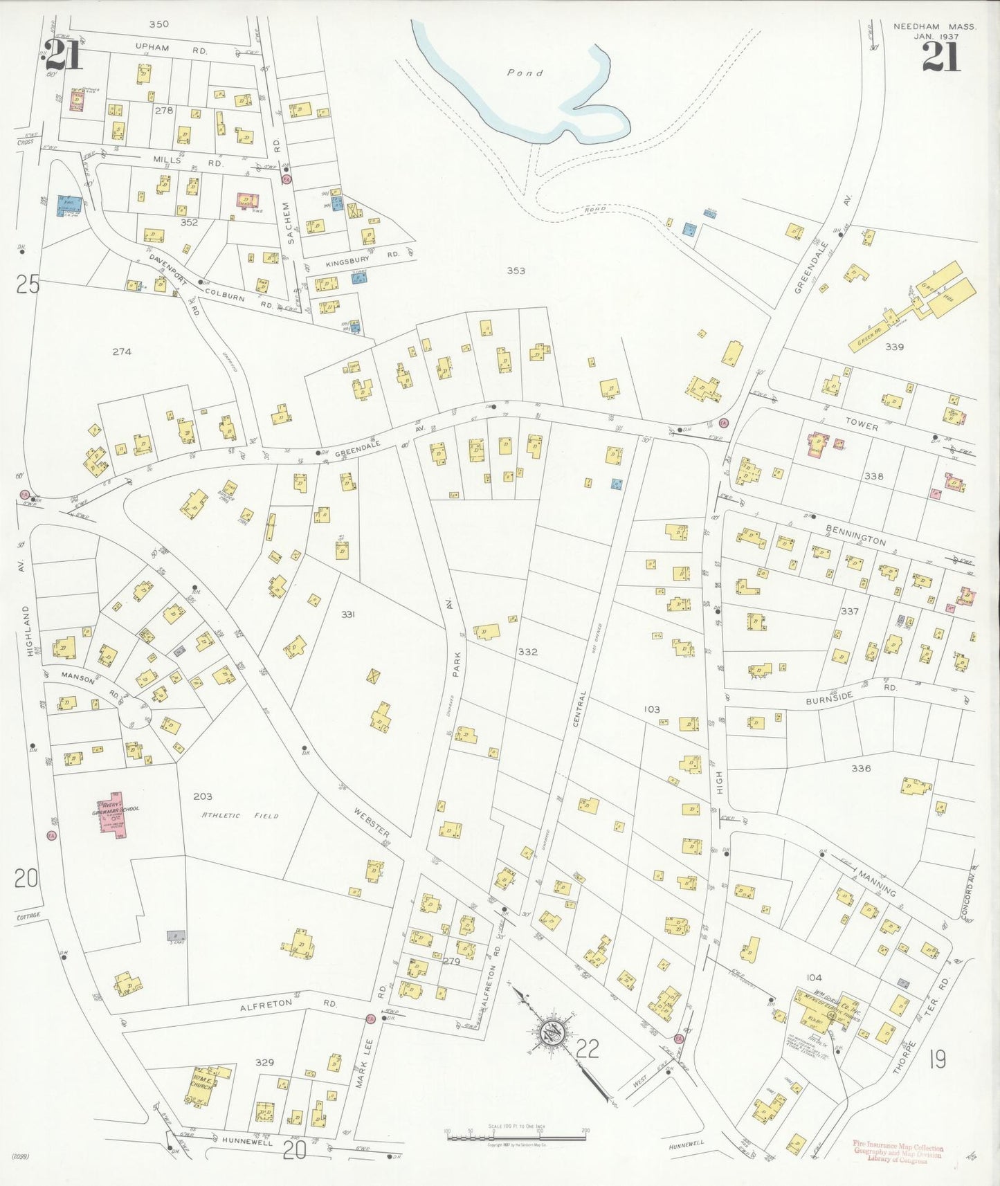 Sanborn Fire Insurance Map from Needham, Norfolk County, Massachusetts (1937), Sheet #0021 - Historic Sanborn Fire Insurance Map Print, vintage old map wall art, antique decor, genealogy gift, Massachusetts Massachusetts map