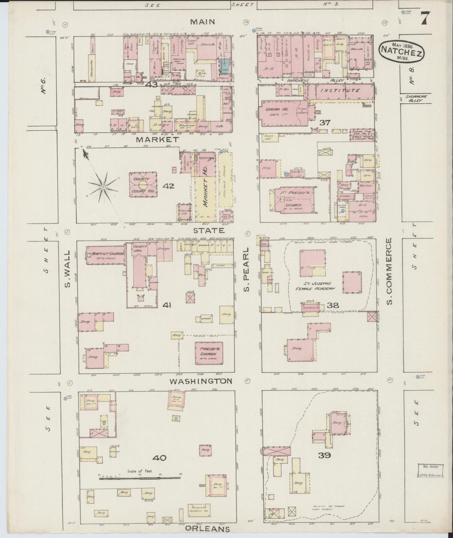 Sanborn Fire Insurance Map from Natchez, Adams County, Mississippi (1886), Sheet #0007 - Historic Sanborn Fire Insurance Map Print, vintage old map wall art, antique decor, genealogy gift, Mississippi Mississippi map