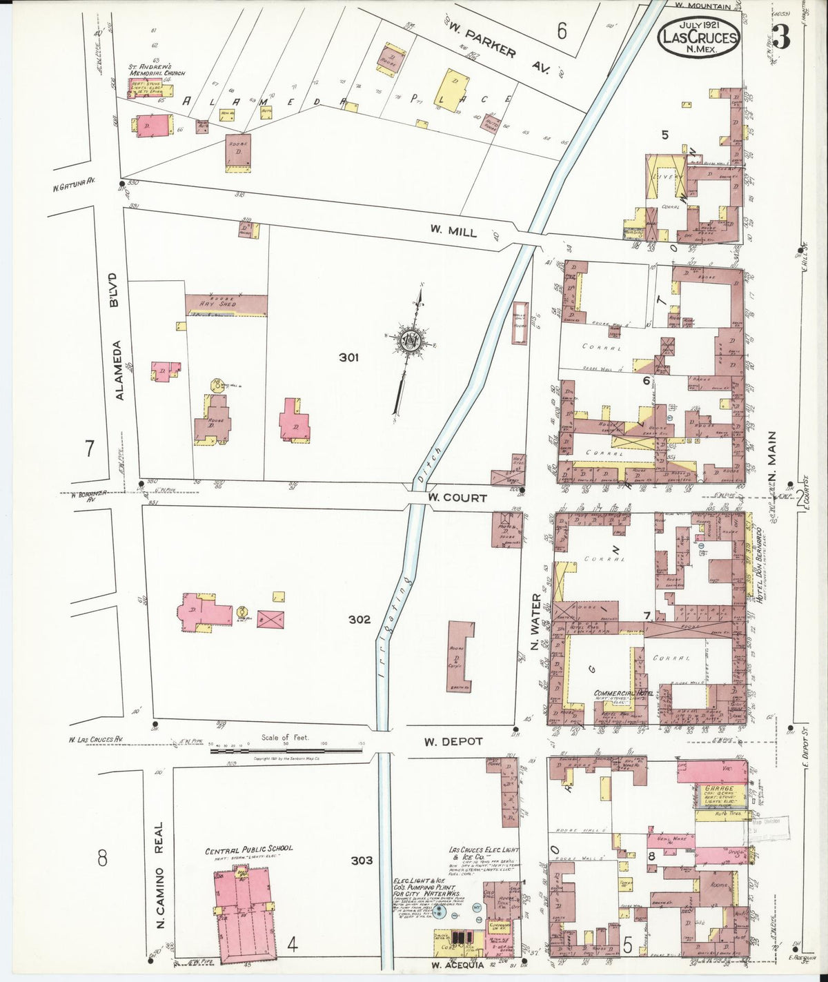 Sanborn Fire Insurance Map from Las Cruces, Dona Ana County, New Mexico (1921), Sheet #0003 - Historic Sanborn Fire Insurance Map Print, vintage old map wall art, antique decor, genealogy gift, New Mexico New Mexico map