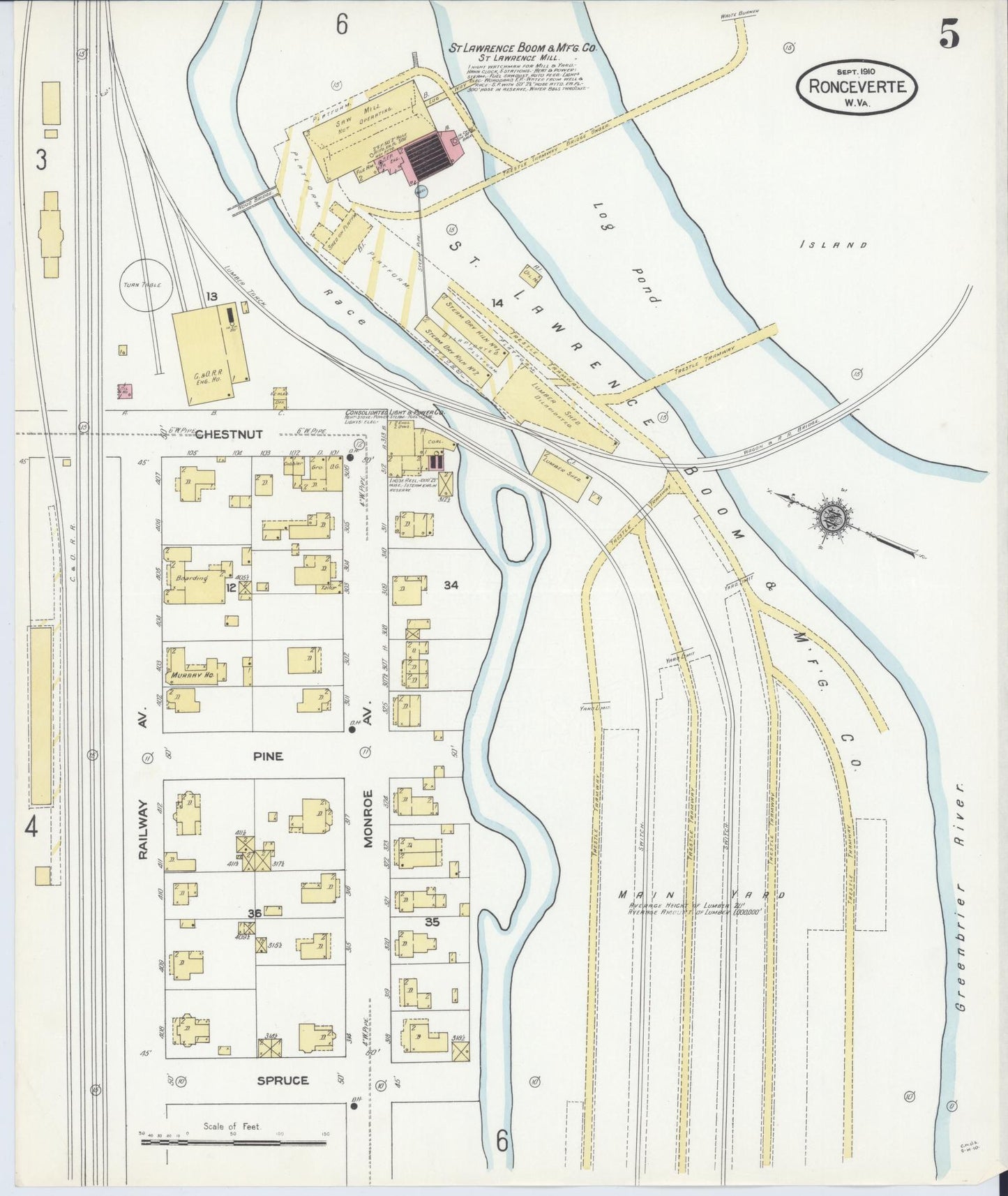 Sanborn Fire Insurance Map from Ronceverte, Greenbrier County, West Virginia (1910), Sheet #0005 - Historic Sanborn Fire Insurance Map Print, vintage old map wall art, antique decor, genealogy gift, West Virginia West Virginia map