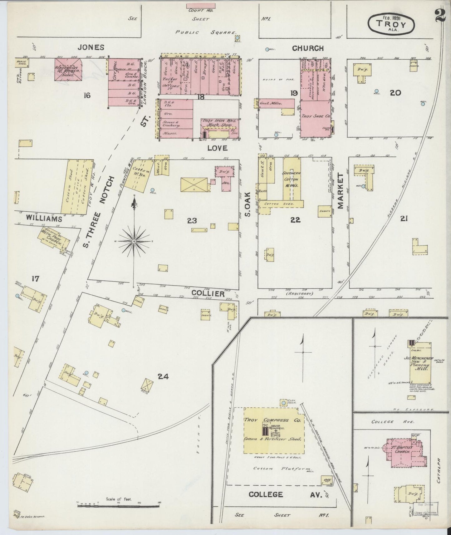 Sanborn Fire Insurance Map from Troy, Pike County, Alabama (1891), Sheet #0002 - Complete Map Set gallery image, historic Sanborn map, vintage wall art, Alabama Alabama