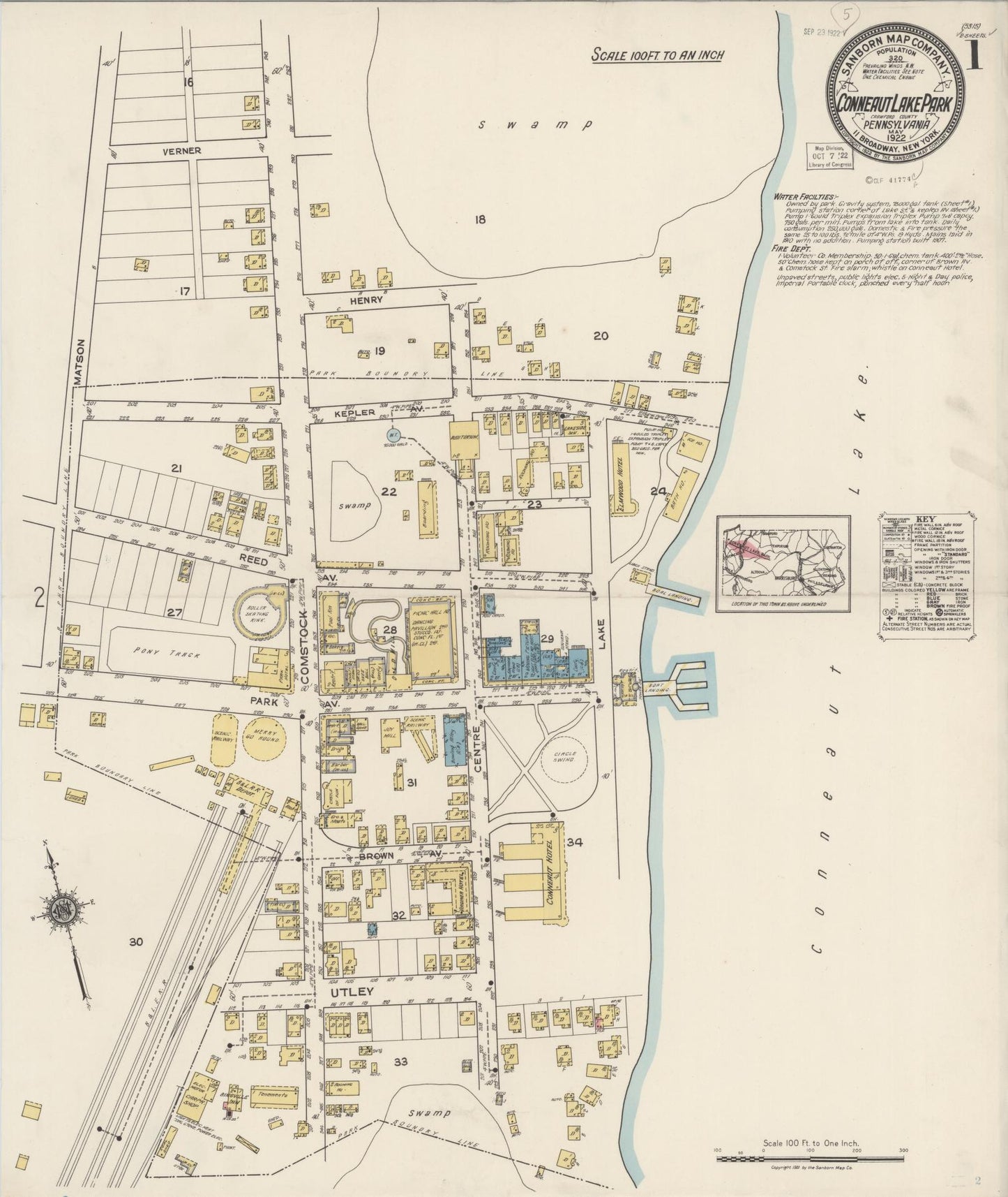 Sanborn Fire Insurance Map from Conneaut Lake Park, Crawford County, Pennsylvania (1922), Sheet #0001 - Historic Sanborn Fire Insurance Map Print, vintage old map wall art, antique decor, genealogy gift, Pennsylvania Pennsylvania map