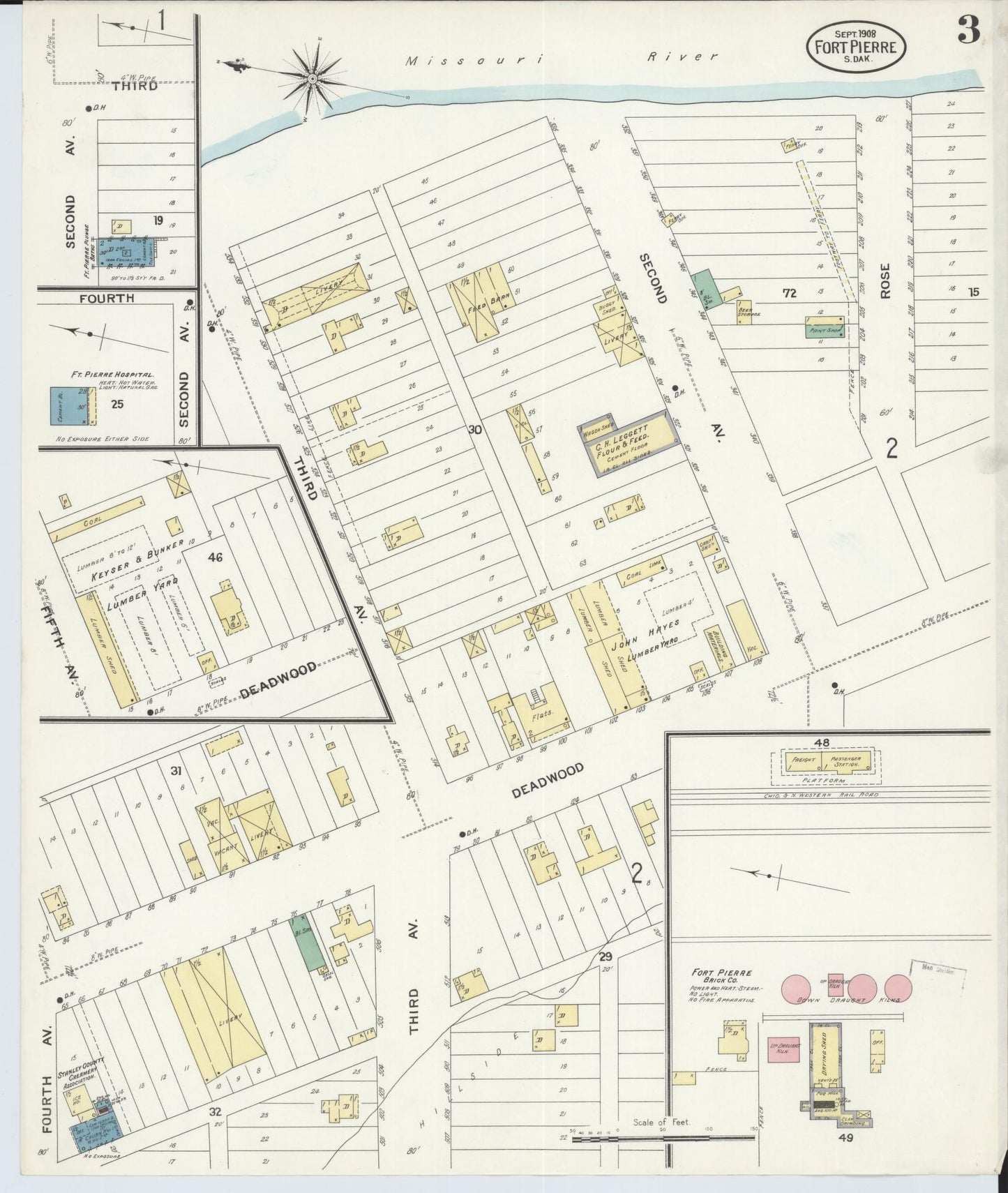 Sanborn Fire Insurance Map from Fort Pierre, Stanley County, South Dakota (1908), Sheet #0003 - Historic Sanborn Fire Insurance Map Print, vintage old map wall art, antique decor, genealogy gift, South Dakota South Dakota map