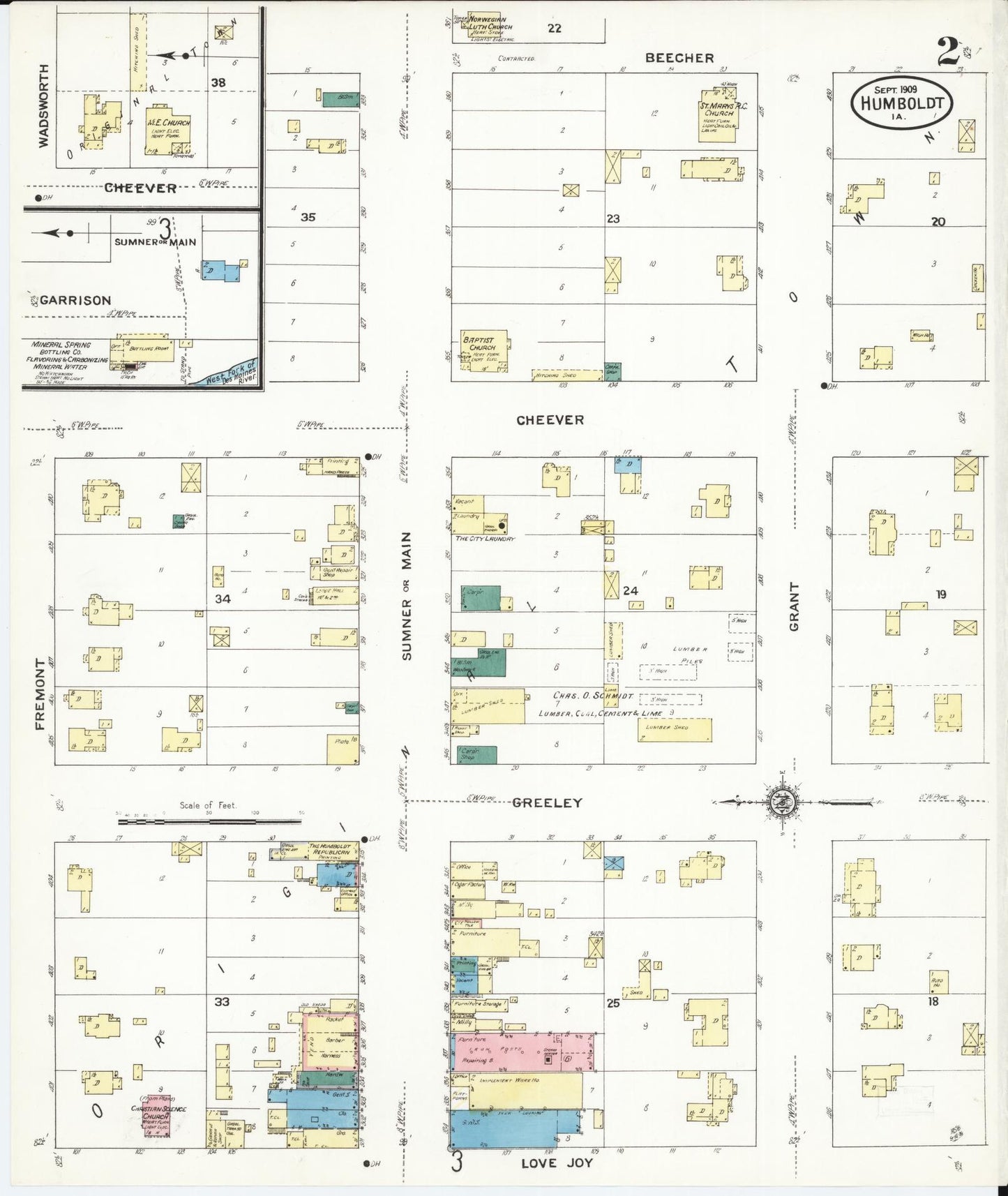 Sanborn Fire Insurance Map from Humboldt, Humboldt County, Iowa (1909), Sheet #0002 - Historic Sanborn Fire Insurance Map Print, vintage old map wall art