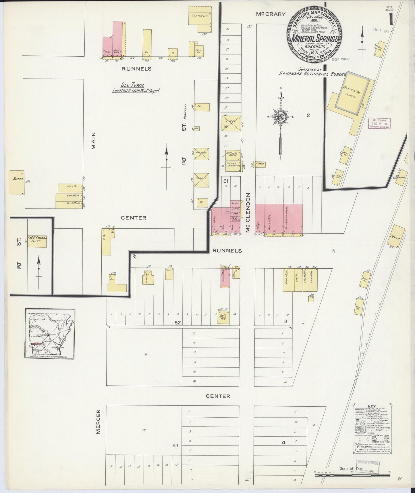 Sanborn Fire Insurance Map from Mineral Springs, Howard County, Arkansas (1913), Sheet #0001 - Historic Sanborn Fire Insurance Map Print, vintage old map wall art, antique decor, genealogy gift, Arkansas Arkansas map