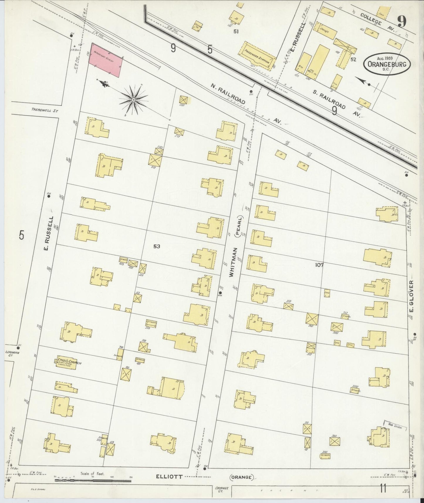 Sanborn Fire Insurance Map from Orangeburg, Orangeburg County, South Carolina (1909), Sheet #0009 - Historic Sanborn Fire Insurance Map Print, vintage old map wall art, antique decor, genealogy gift, South Carolina South Carolina map