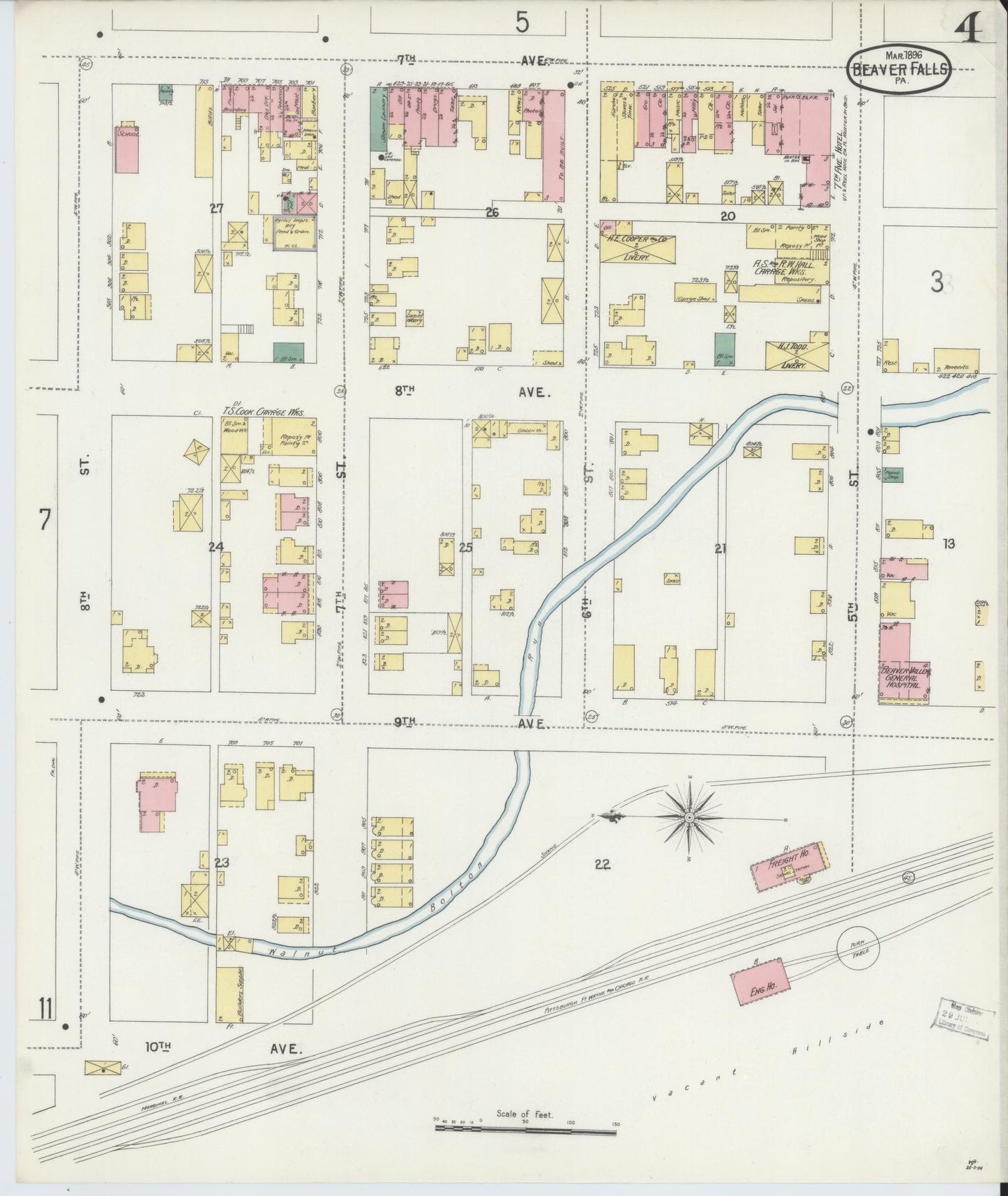 Sanborn Fire Insurance Map from Beaver Falls, Beaver County, Pennsylvania (1896), Sheet #0004 - Historic Sanborn Fire Insurance Map Print, vintage old map wall art, antique decor, genealogy gift, Pennsylvania Pennsylvania map