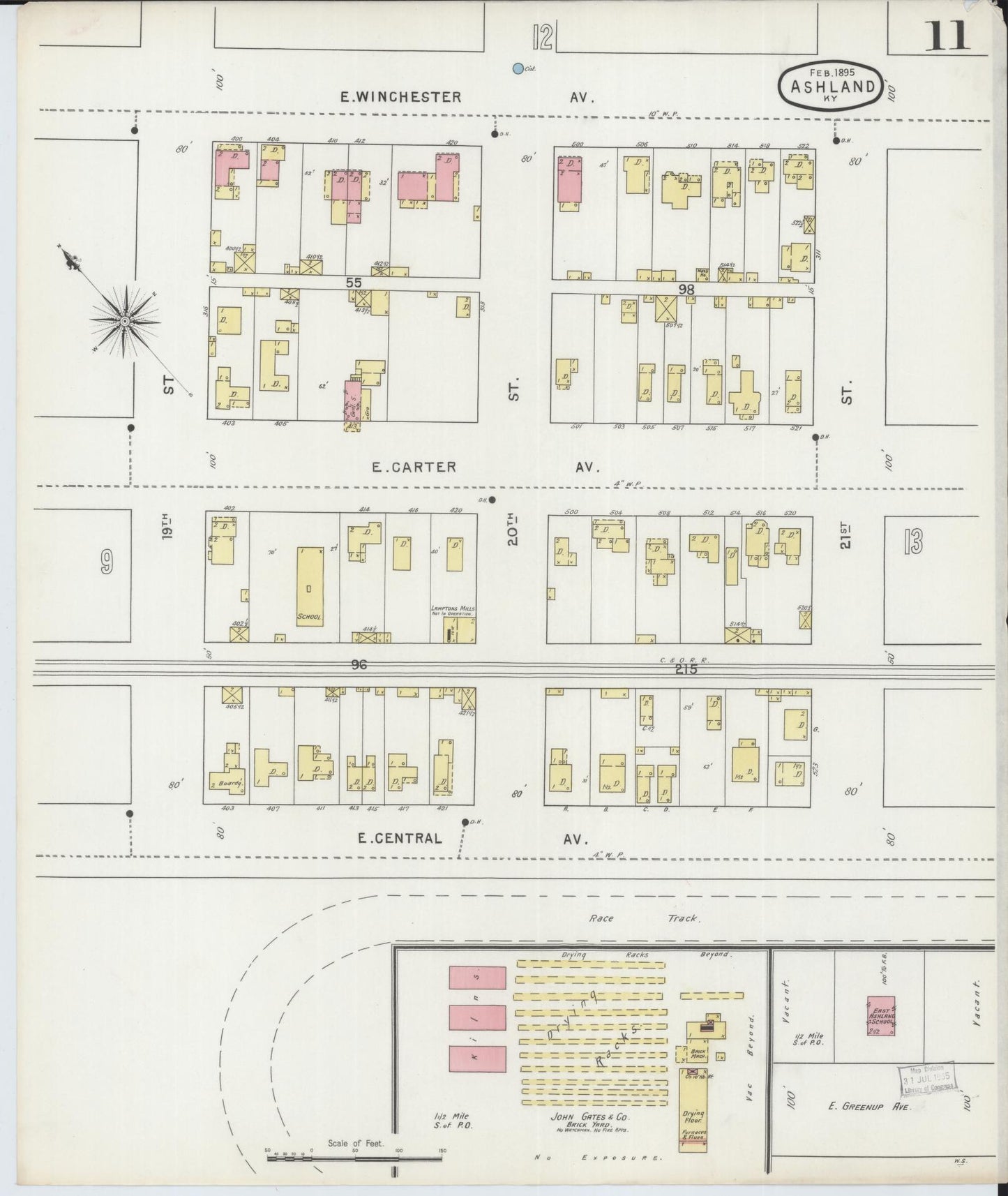 Sanborn Fire Insurance Map from Ashland, Boyd County, Kentucky (1895), Sheet #0011 - Historic Sanborn Fire Insurance Map Print, vintage old map wall art, antique decor, genealogy gift, Kentucky Kentucky map