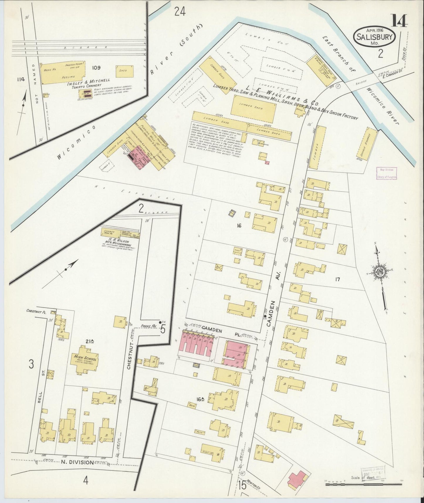 Sanborn Fire Insurance Map from Salisbury, Wicomico County, Maryland (1916), Sheet #0014 - Historic Sanborn Fire Insurance Map Print, vintage old map wall art