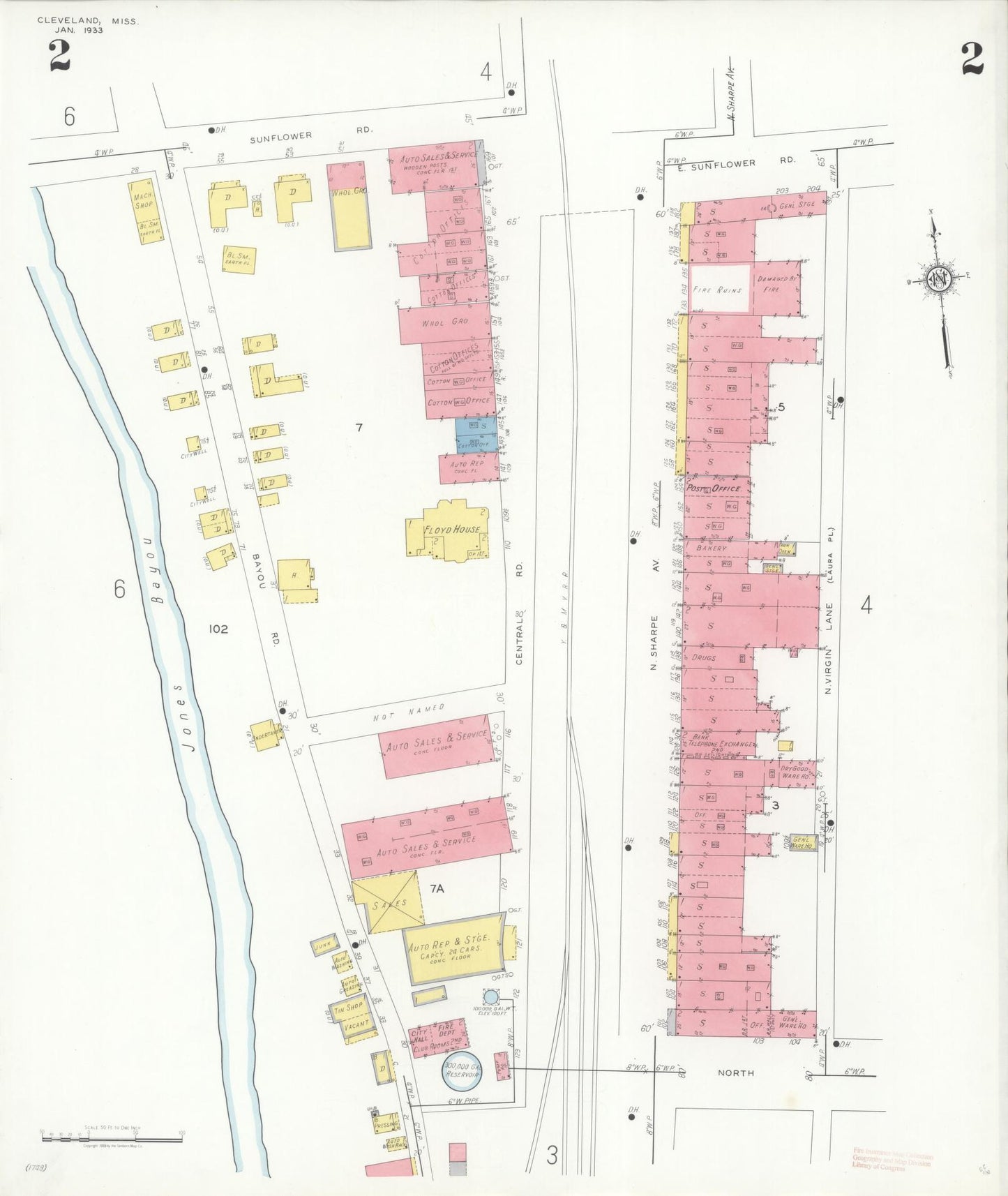 Sanborn Fire Insurance Map from Cleveland, Bolivar County, Mississippi (1933), Sheet #0002 - Historic Sanborn Fire Insurance Map Print, vintage old map wall art, antique decor, genealogy gift, Mississippi Mississippi map