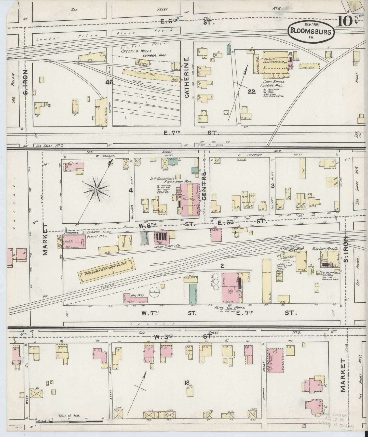 Sanborn Fire Insurance Map from Bloomsburg, Columbia County, Pennsylvania (1891), Sheet #0010 - Historic Sanborn Fire Insurance Map Print, vintage old map wall art, antique decor, genealogy gift, Pennsylvania Pennsylvania map