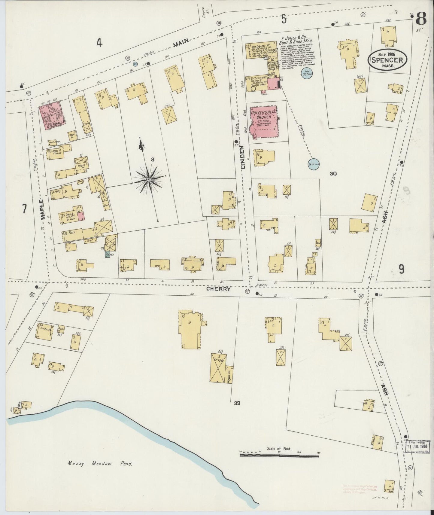 Sanborn Fire Insurance Map from Spencer, Worcester County, Massachusetts (1906), Sheet #0008 - Historic Sanborn Fire Insurance Map Print, vintage old map wall art, antique decor, genealogy gift, Massachusetts Massachusetts map