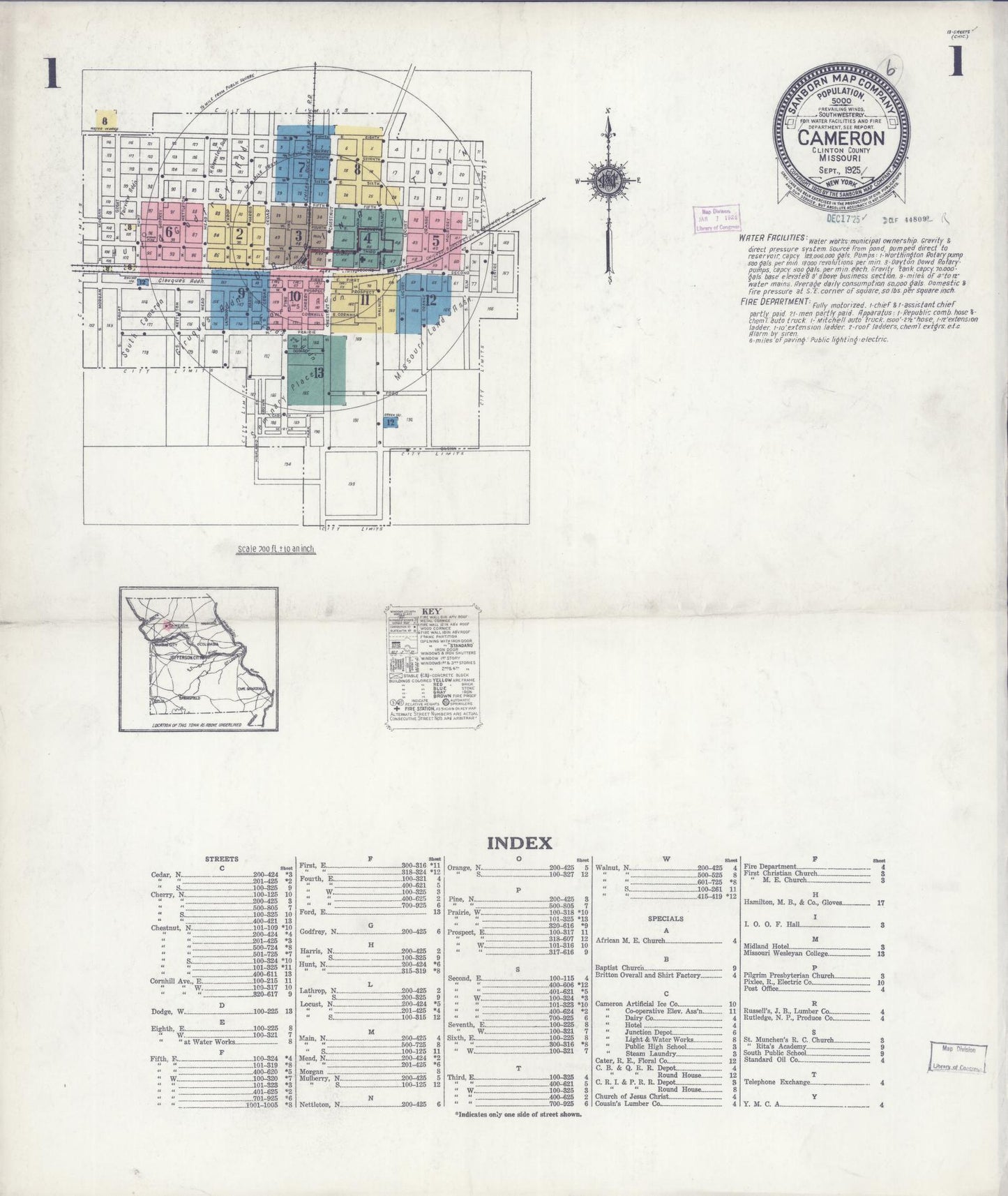 Sanborn Fire Insurance Map from Cameron, Clinton County, Missouri (1925), Sheet #0001 - Historic Sanborn Fire Insurance Map Print, vintage old map wall art, antique decor, genealogy gift, Missouri Missouri map