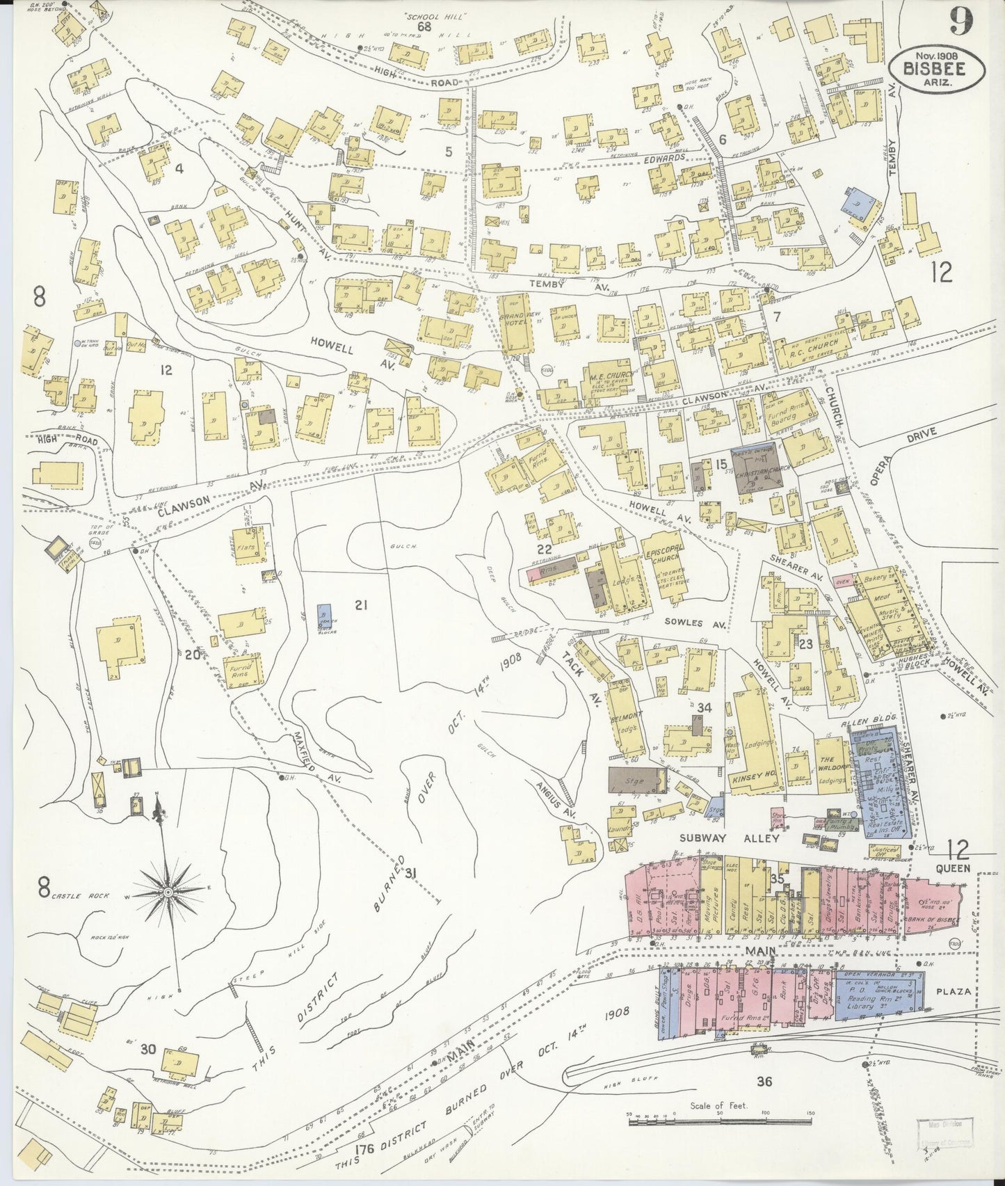 Sanborn Fire Insurance Map from Bisbee, Cochise County, Arizona (1908), Sheet #0009 - Historic Sanborn Fire Insurance Map Print, vintage old map wall art, antique decor, genealogy gift, Arizona Arizona map