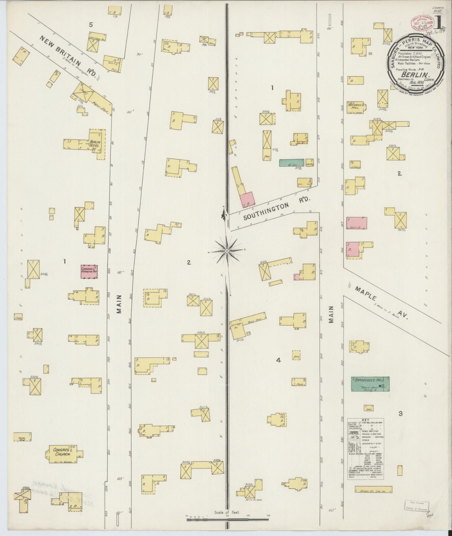 Sanborn Fire Insurance Map from Berlin, Hartford County, Connecticut (1895), Sheet #0001 - Historic Sanborn Fire Insurance Map Print, vintage old map wall art, antique decor, genealogy gift, Connecticut Connecticut map
