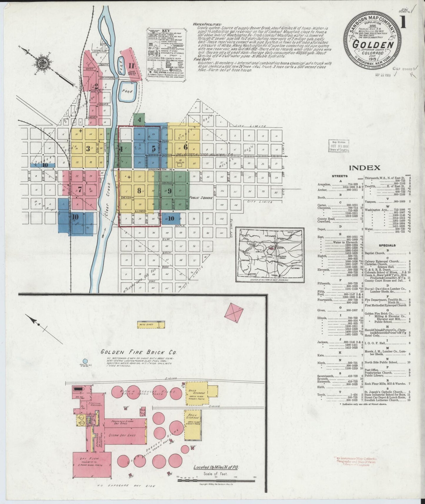 Sanborn Fire Insurance Map from Golden, Jefferson County, Colorado (1919), Sheet #0001 - Historic Sanborn Fire Insurance Map Print, vintage old map wall art, antique decor, genealogy gift, Colorado Colorado map