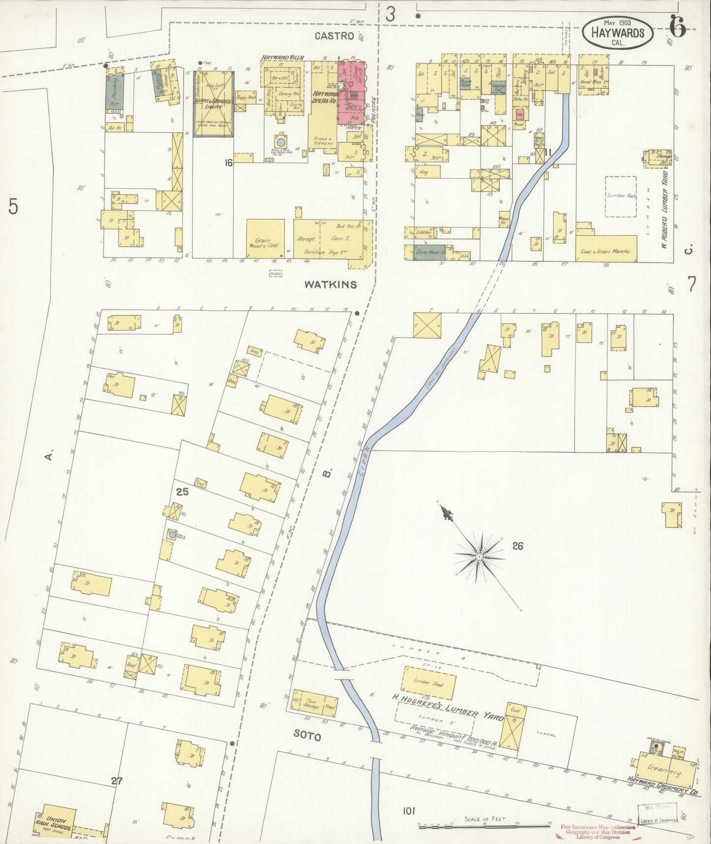 Sanborn Fire Insurance Map from Hayward, Alameda County, California (1903), Sheet #0006 - Historic Sanborn Fire Insurance Map Print, vintage old map wall art, antique decor, genealogy gift, California California map
