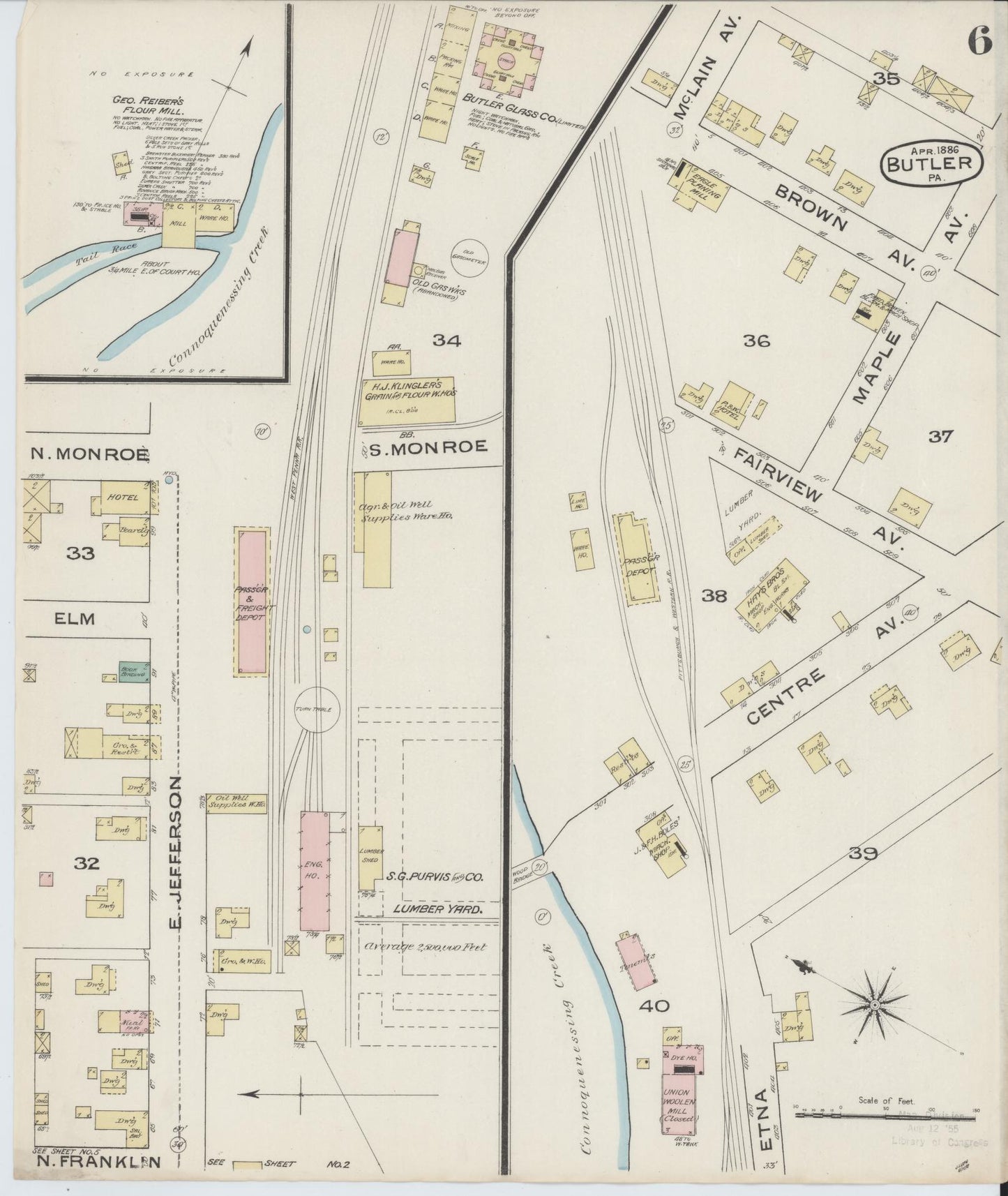 Sanborn Fire Insurance Map from Butler, Butler County, Pennsylvania (1886), Sheet #0006 - Historic Sanborn Fire Insurance Map Print, vintage old map wall art, antique decor, genealogy gift, Pennsylvania Pennsylvania map