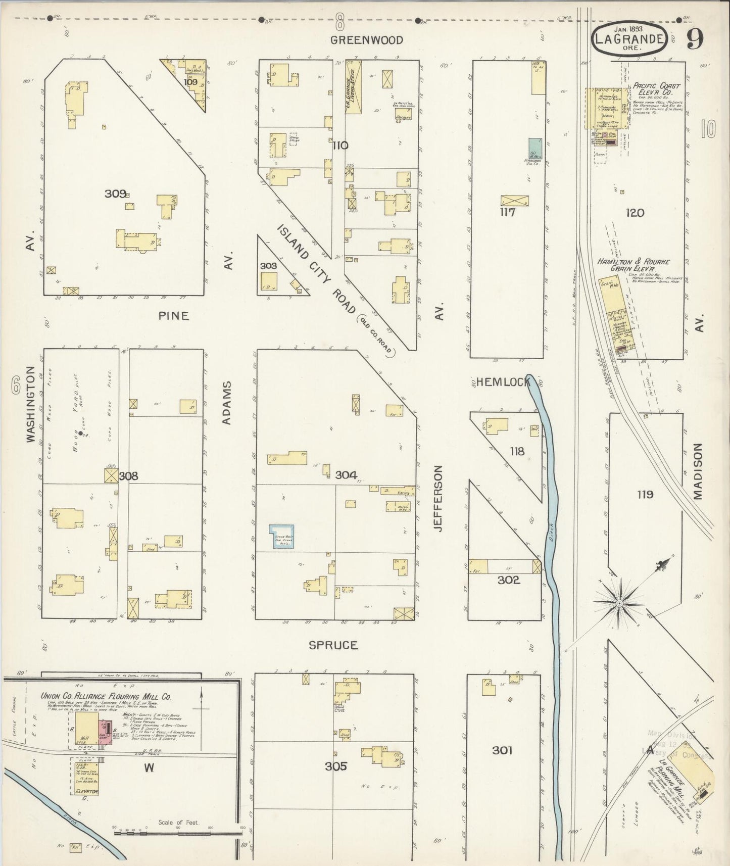 Sanborn Fire Insurance Map from La Grande, Union County, Oregon (1893), Sheet #0009 - Historic Sanborn Fire Insurance Map Print, vintage old map wall art, antique decor, genealogy gift, Oregon Oregon map