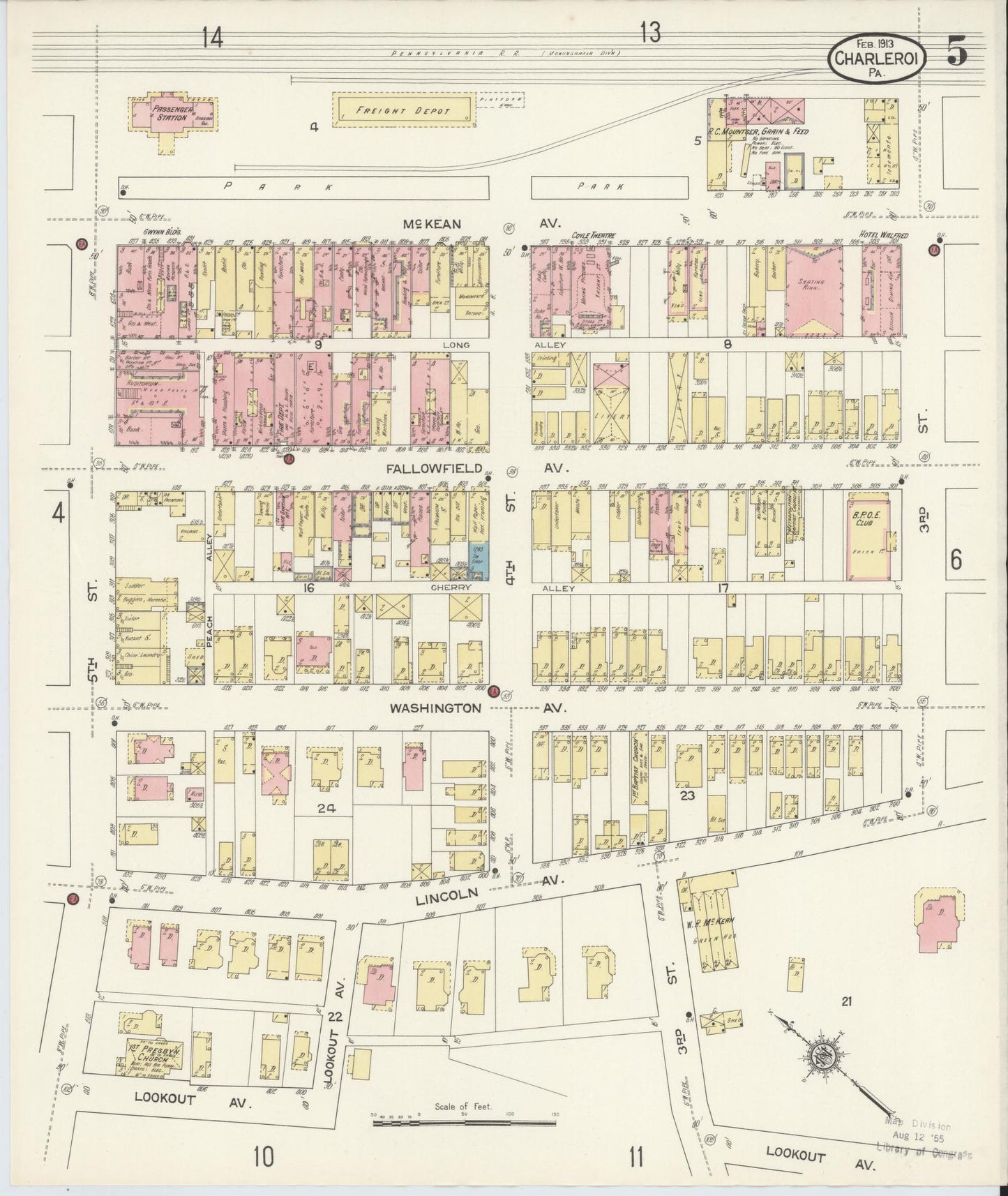 Sanborn Fire Insurance Map from Charleroi, Washington County, Pennsylvania (1913), Sheet #0005 - Historic Sanborn Fire Insurance Map Print, vintage old map wall art, antique decor, genealogy gift, Pennsylvania Pennsylvania map