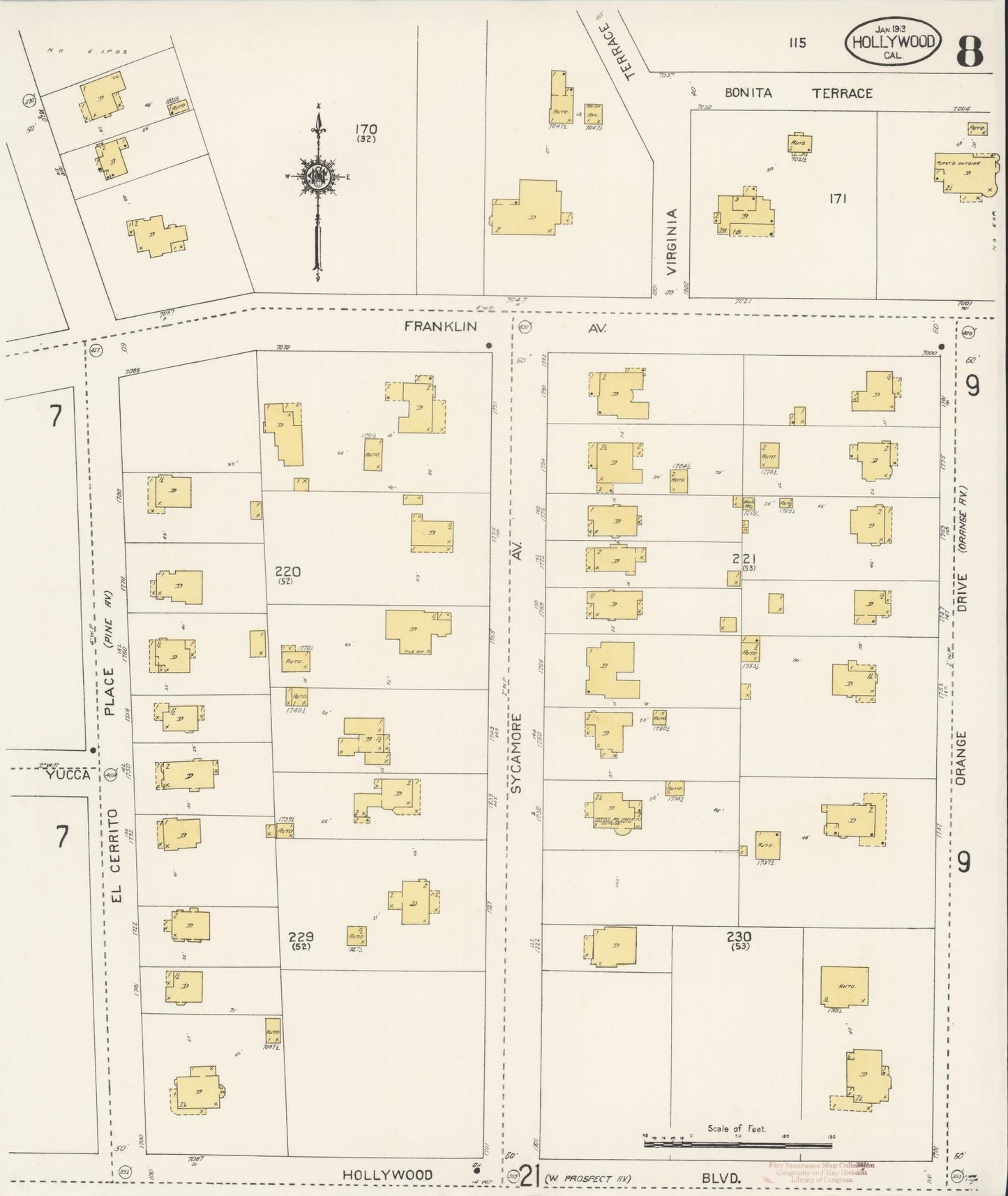 Sanborn Fire Insurance Map from Hollywood, Los Angeles County, California (1913), Sheet #0008 - Historic Sanborn Fire Insurance Map Print, vintage old map wall art, antique decor, genealogy gift, California California map