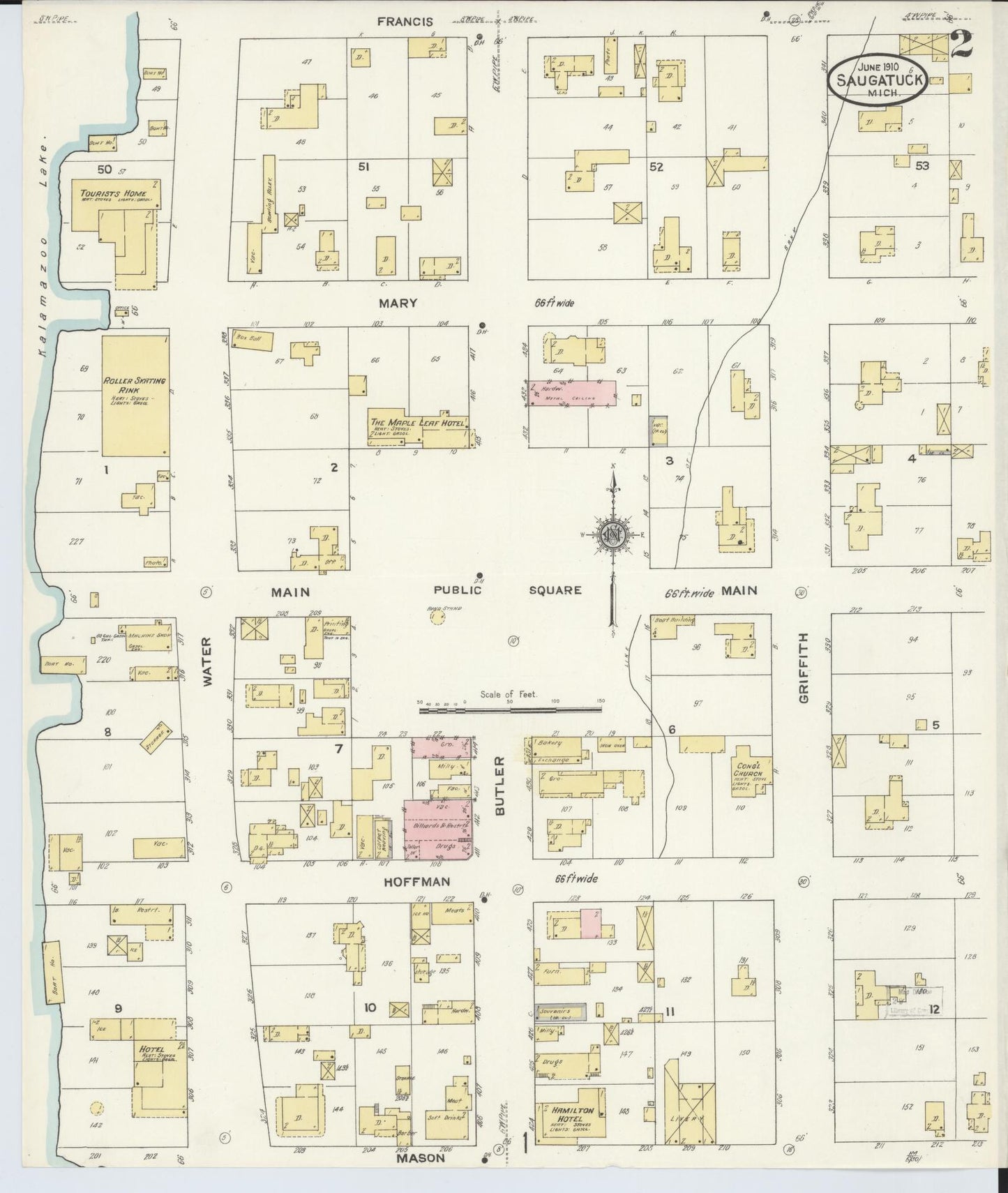Sanborn Fire Insurance Map from Saugatuck, Allegan County, Michigan (1910), Sheet #0002 - Complete Map Set gallery image, historic Sanborn map, vintage wall art, Michigan Michigan